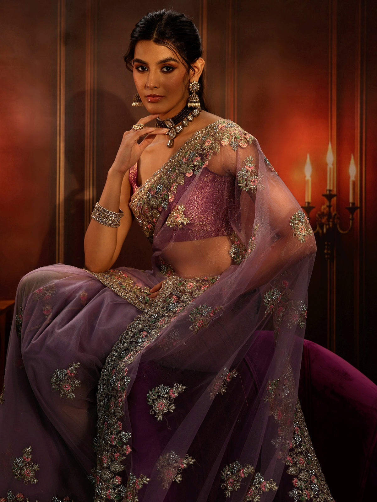 Anouk Lilac Floral Embroidered Net Saree