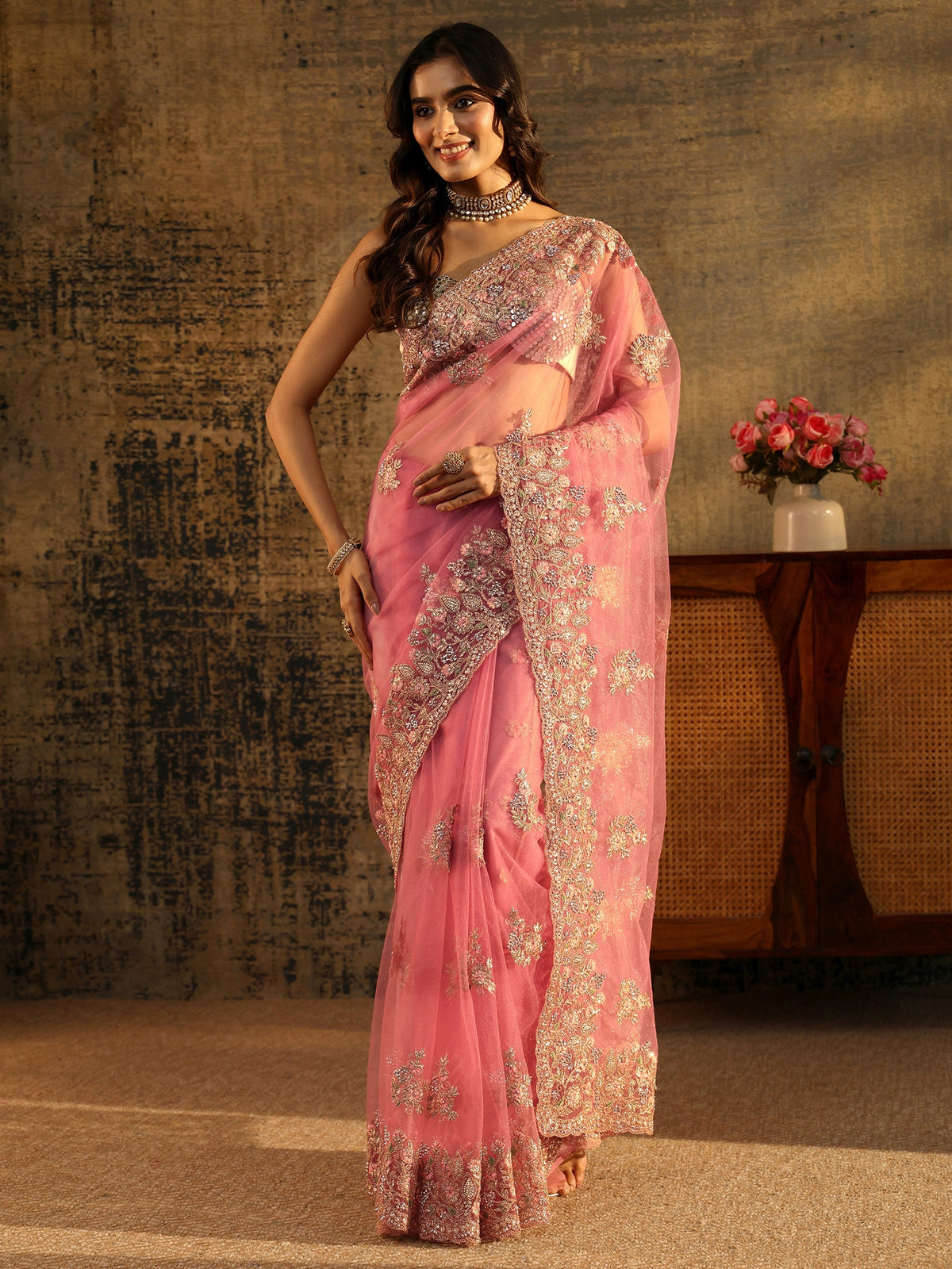 Anouk Baby Pink Floral Embroidered Net Saree