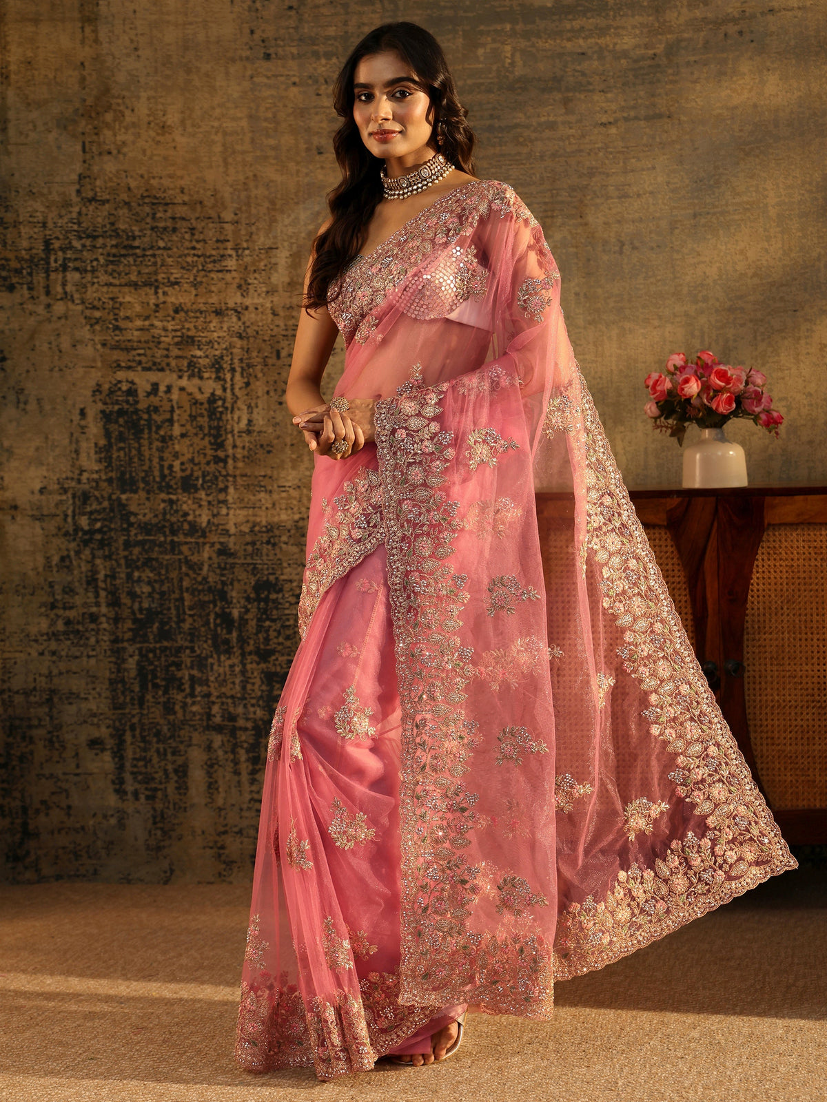 Anouk Baby Pink Floral Embroidered Net Saree