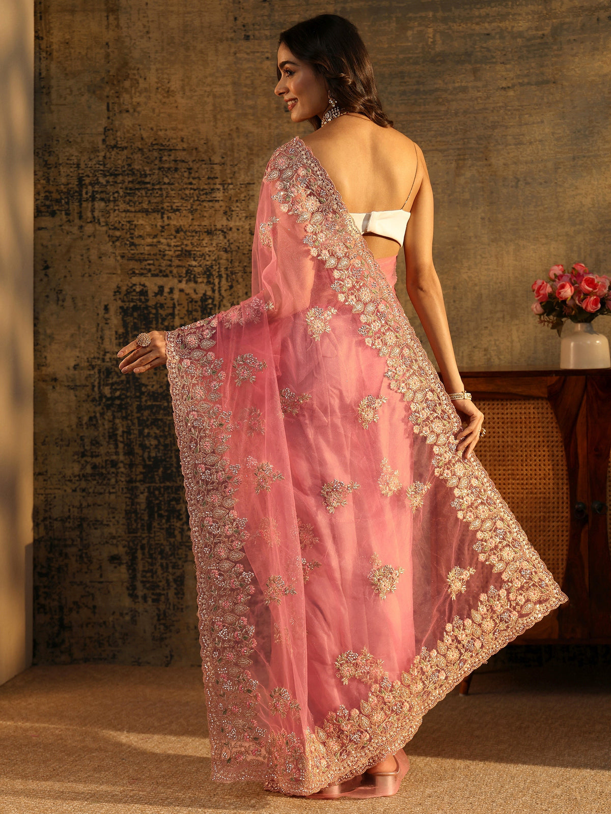 Anouk Baby Pink Floral Embroidered Net Saree