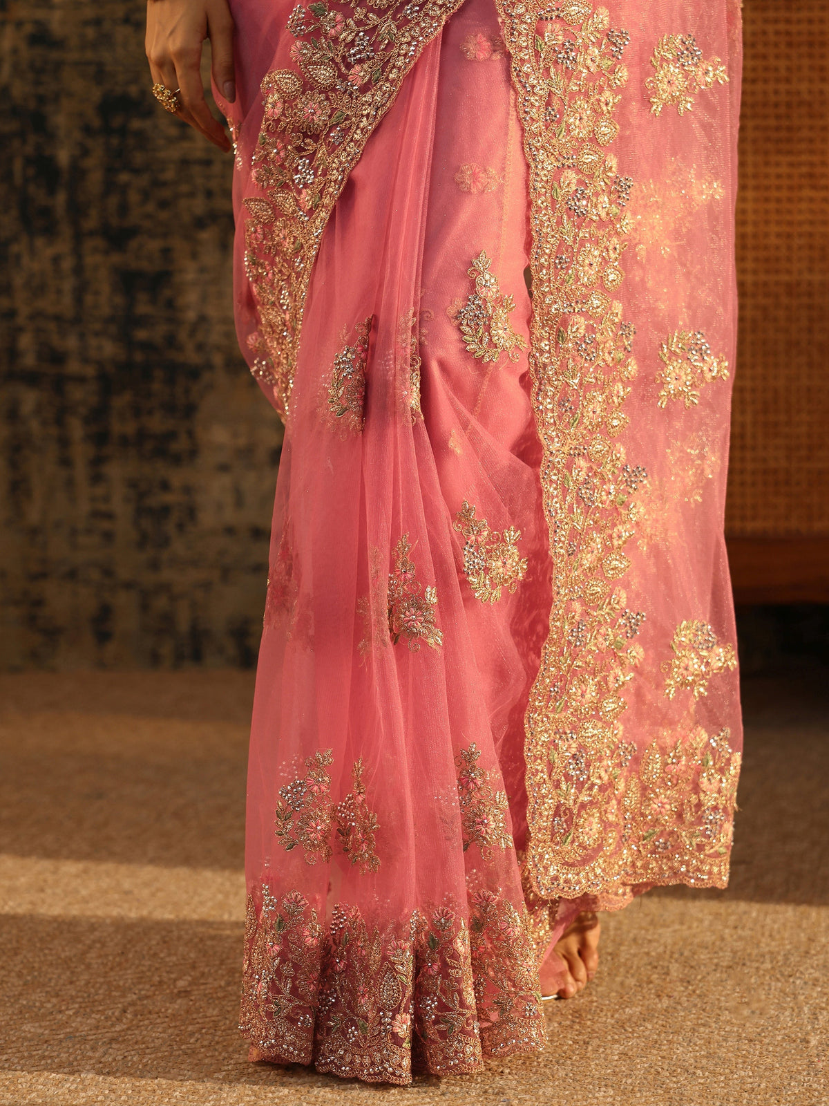Anouk Baby Pink Floral Embroidered Net Saree