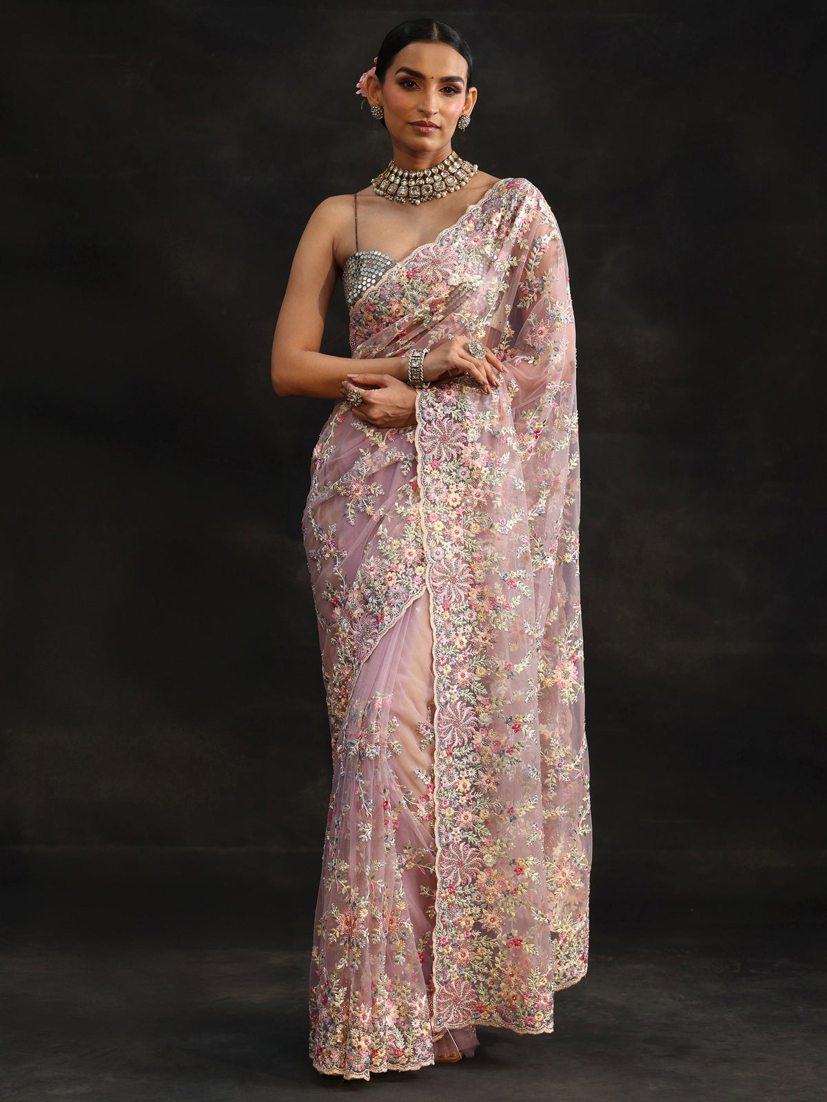 Anouk Lavender Floral Embroidered Net Saree