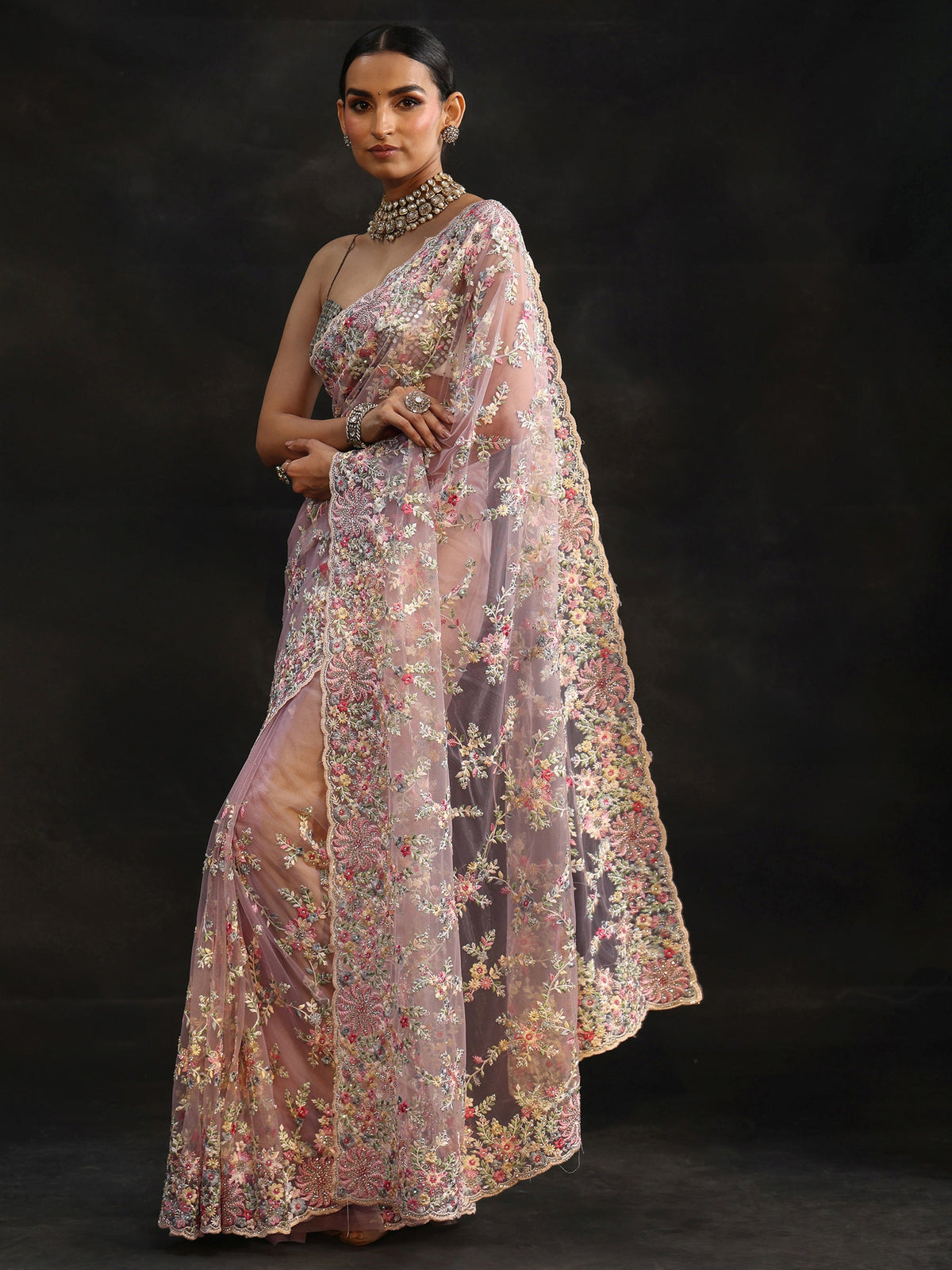 Anouk Lavender Floral Embroidered Net Saree