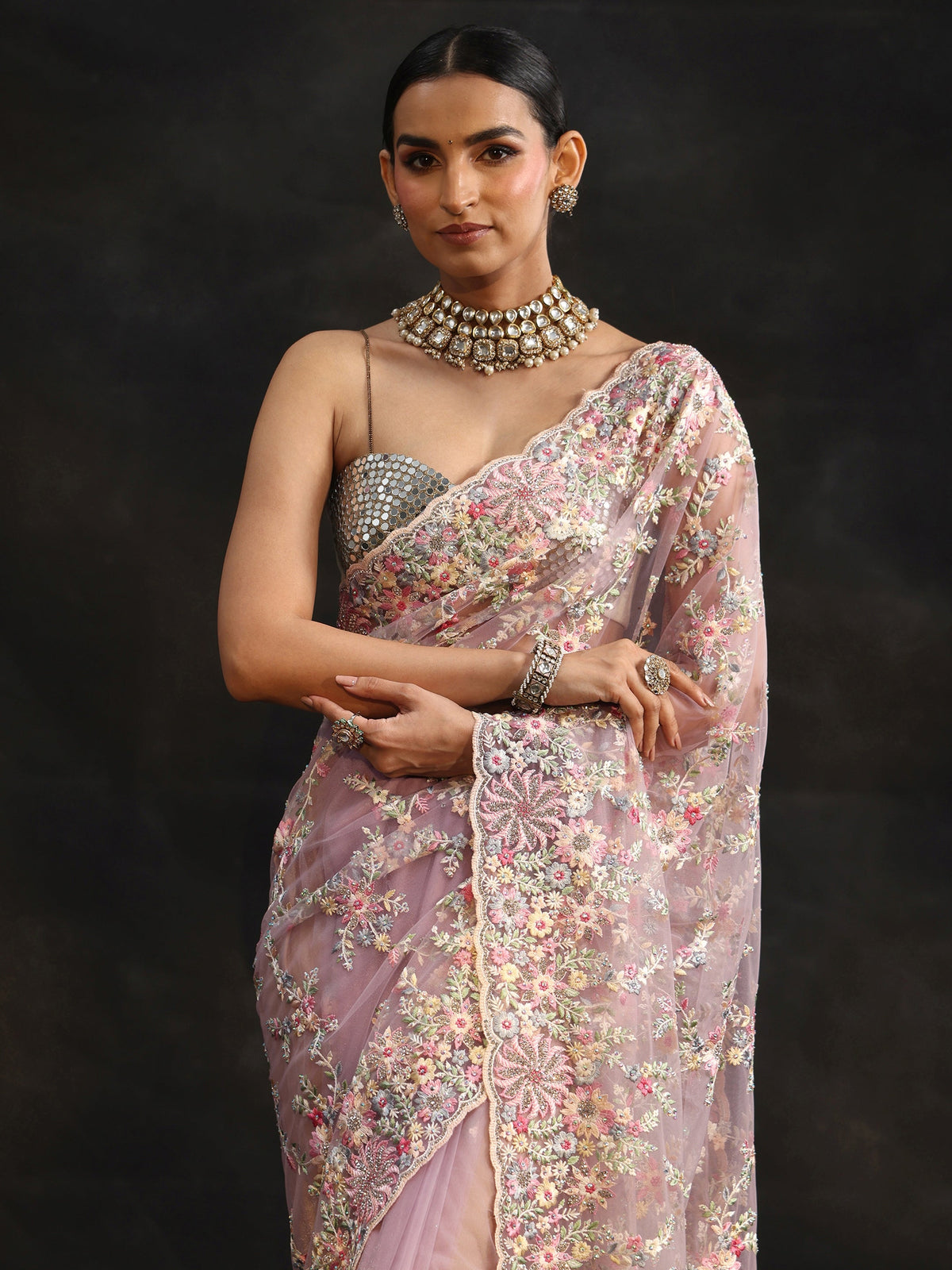 Anouk Lavender Floral Embroidered Net Saree