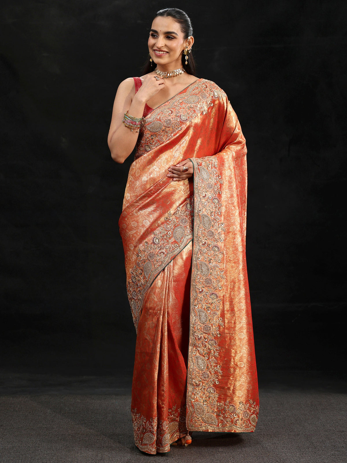 Anouk Apricot Orange Woven Design Satin Saree with Embellished Border