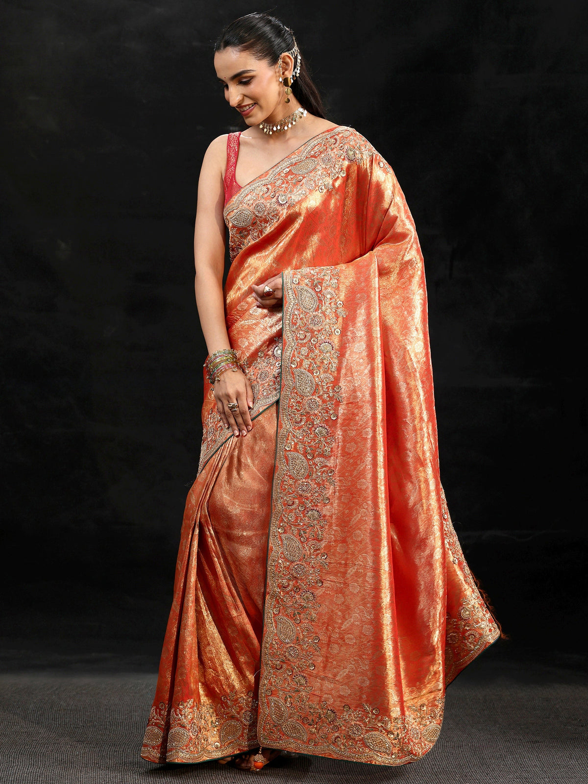 Anouk Apricot Orange Woven Design Satin Saree with Embellished Border