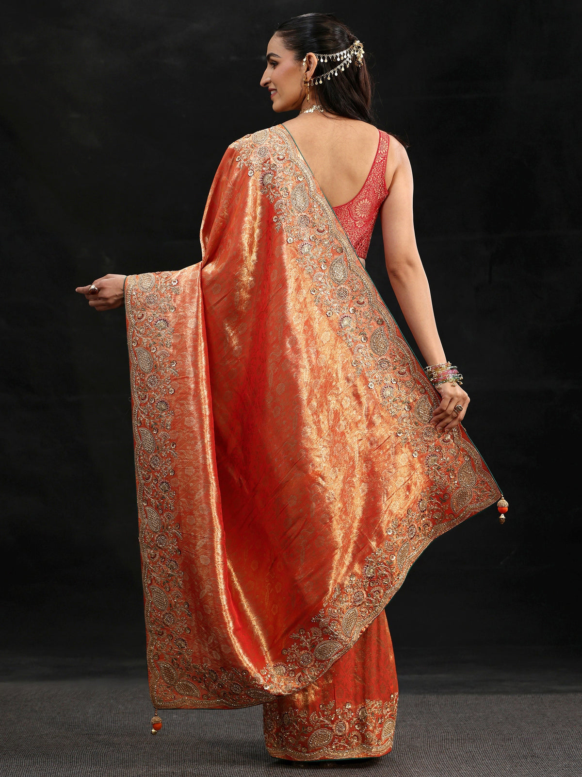 Anouk Apricot Orange Woven Design Satin Saree with Embellished Border