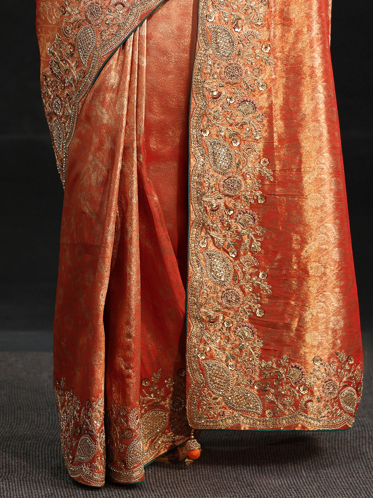 Anouk Apricot Orange Woven Design Satin Saree with Embellished Border