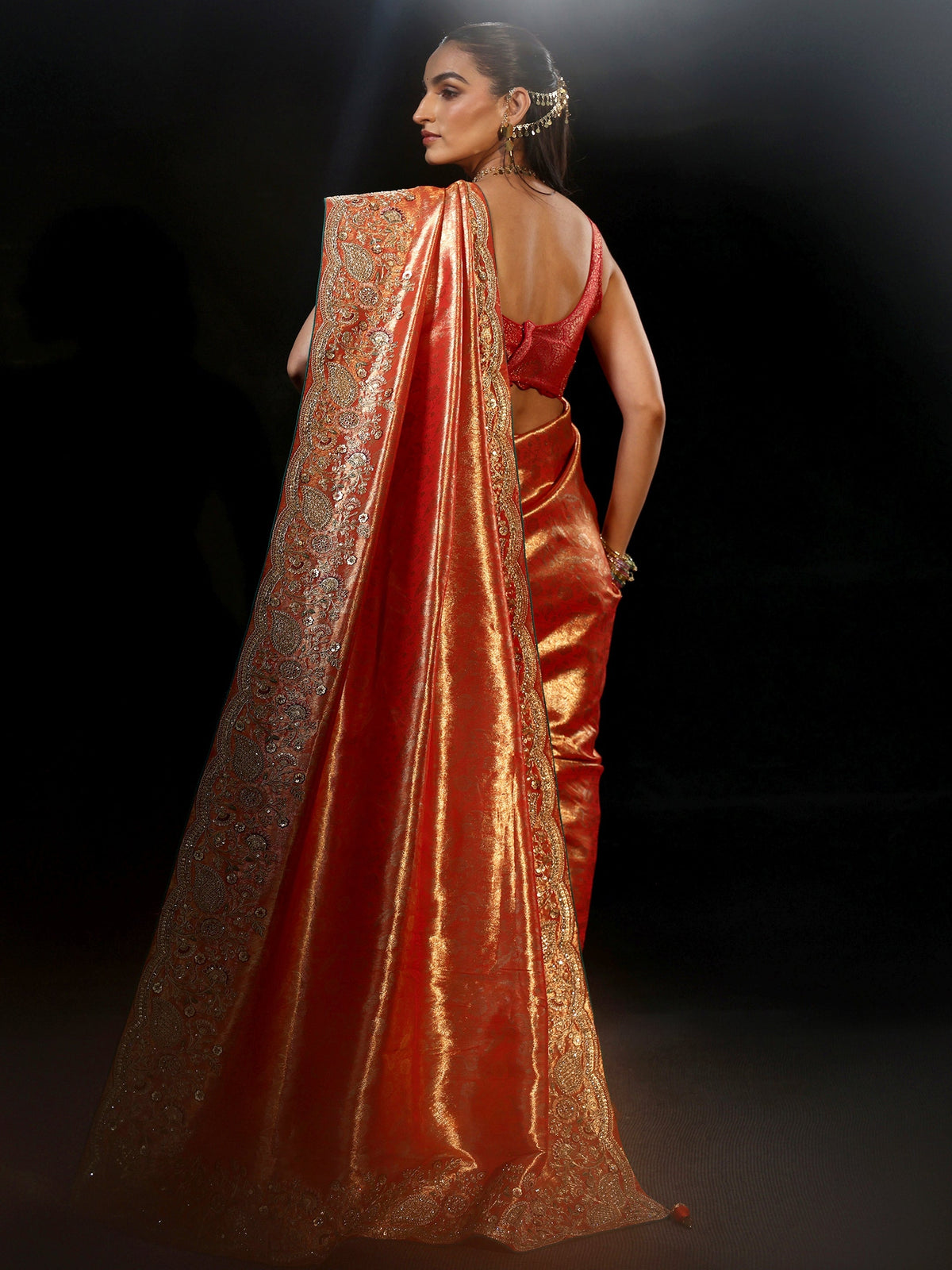 Anouk Apricot Orange Woven Design Satin Saree with Embellished Border