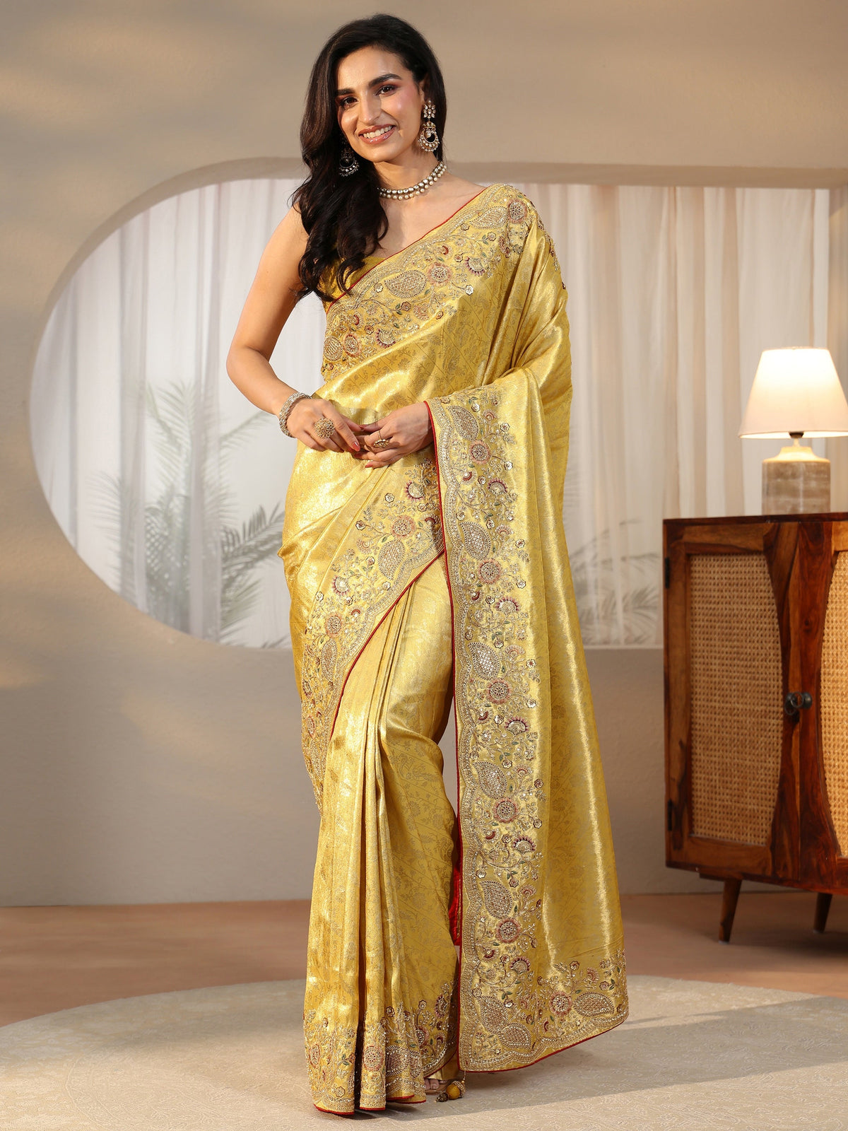 Anouk Green Woven Design Satin Saree With Embellished Border