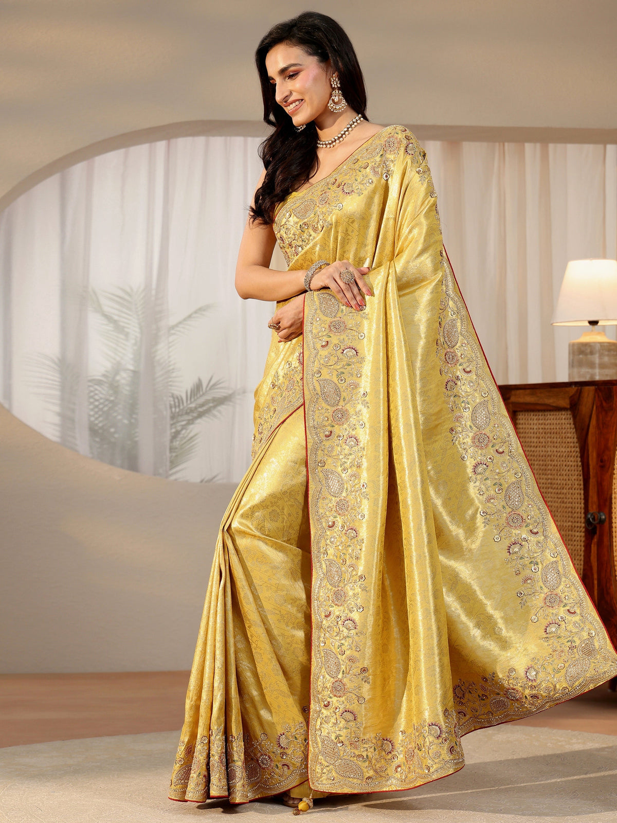 Anouk Green Woven Design Satin Saree With Embellished Border
