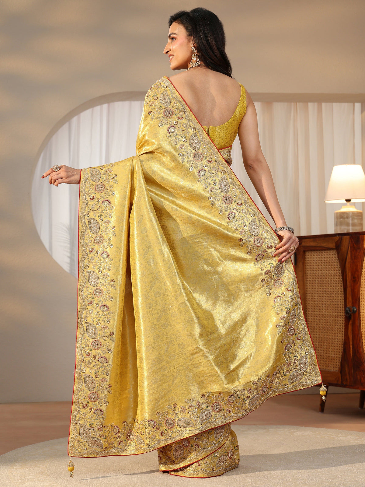 Anouk Green Woven Design Satin Saree With Embellished Border