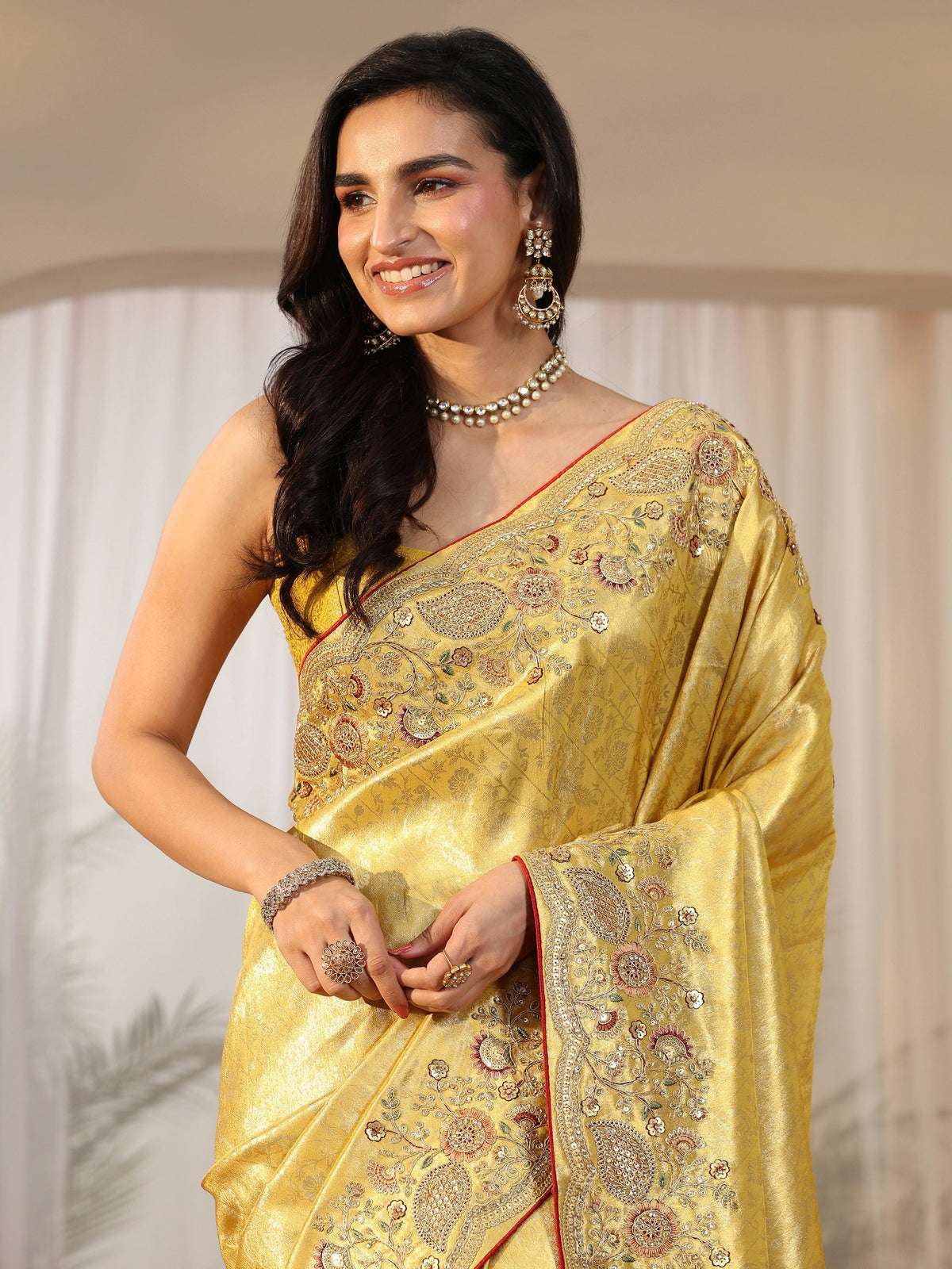Anouk Green Woven Design Satin Saree With Embellished Border