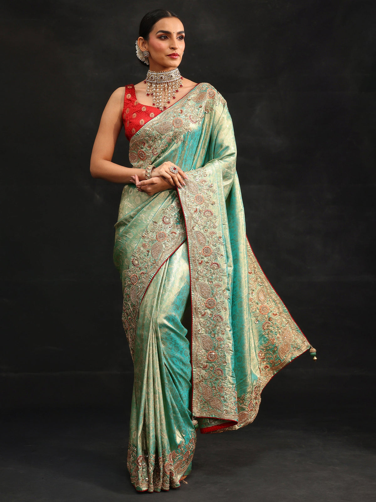 Anouk Aqua Blue Woven Design Satin Saree with Embellished Border
