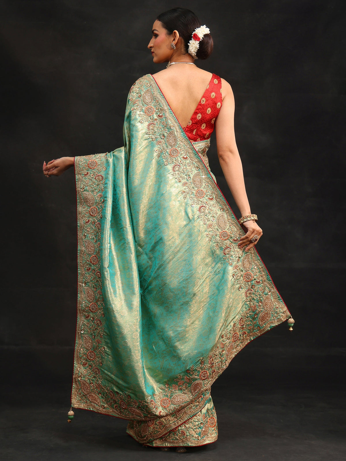 Anouk Aqua Blue Woven Design Satin Saree with Embellished Border
