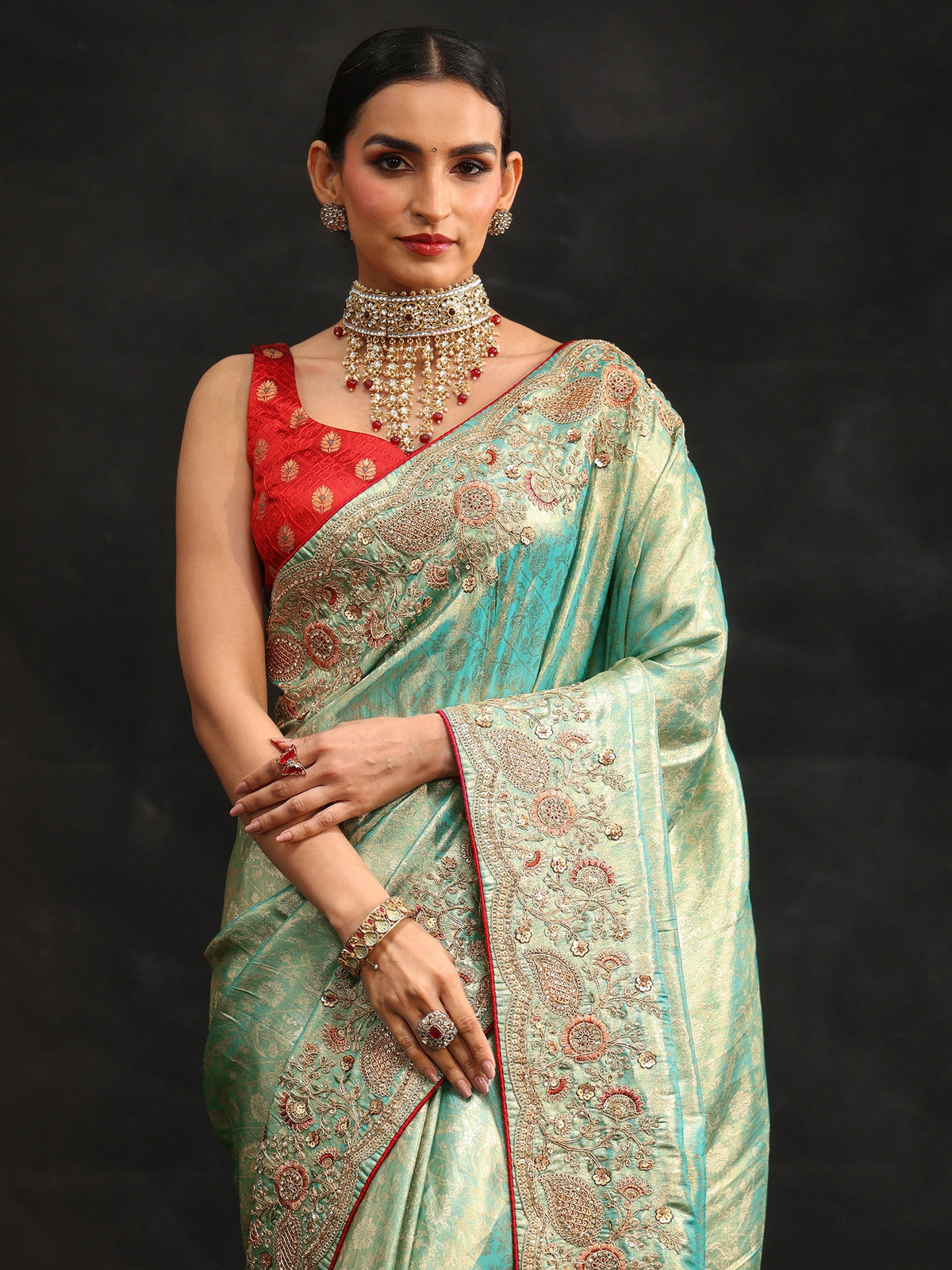 Anouk Aqua Blue Woven Design Satin Saree with Embellished Border