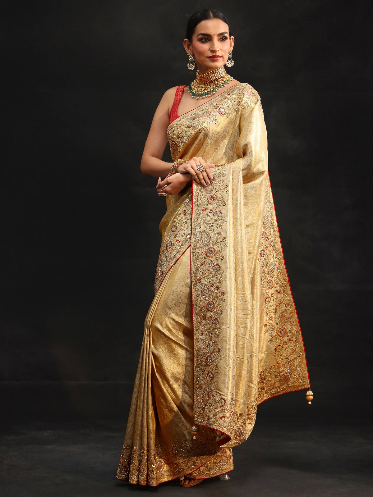 Anouk Gold Woven Design Satin Saree with Embellished Border