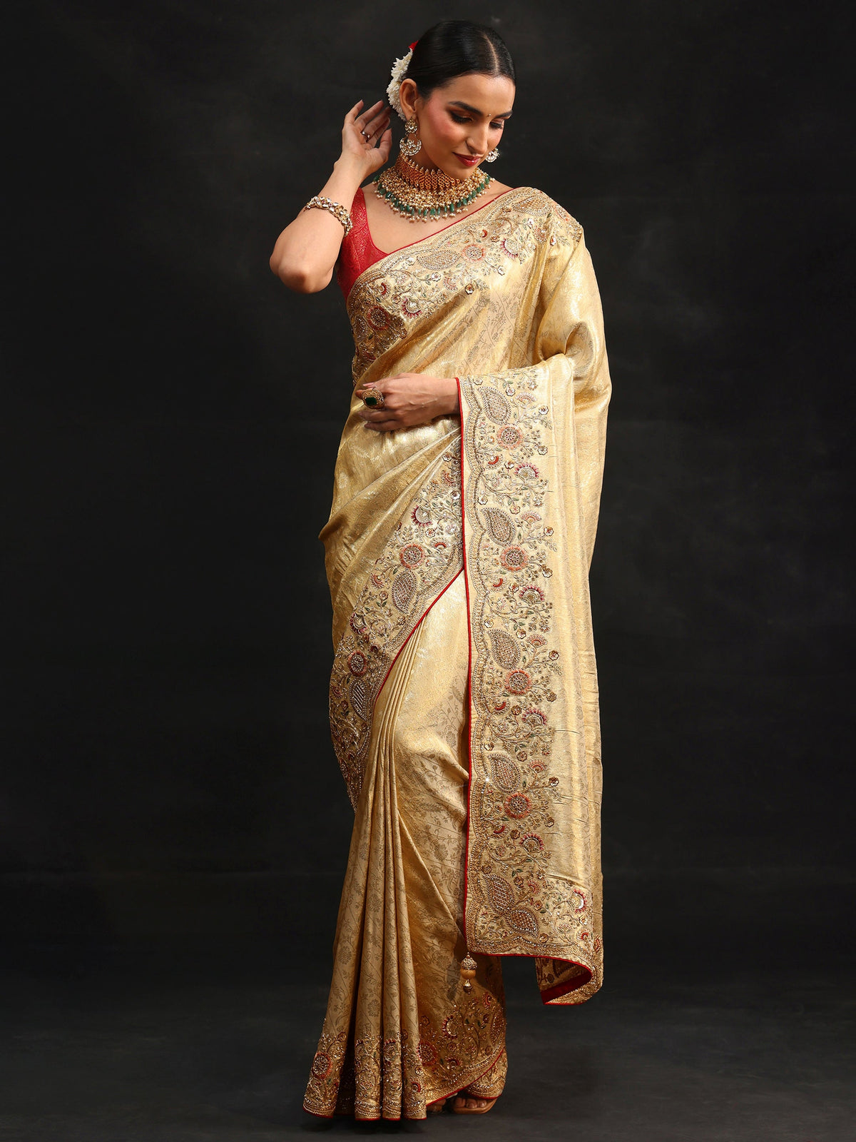 Anouk Gold Woven Design Satin Saree with Embellished Border