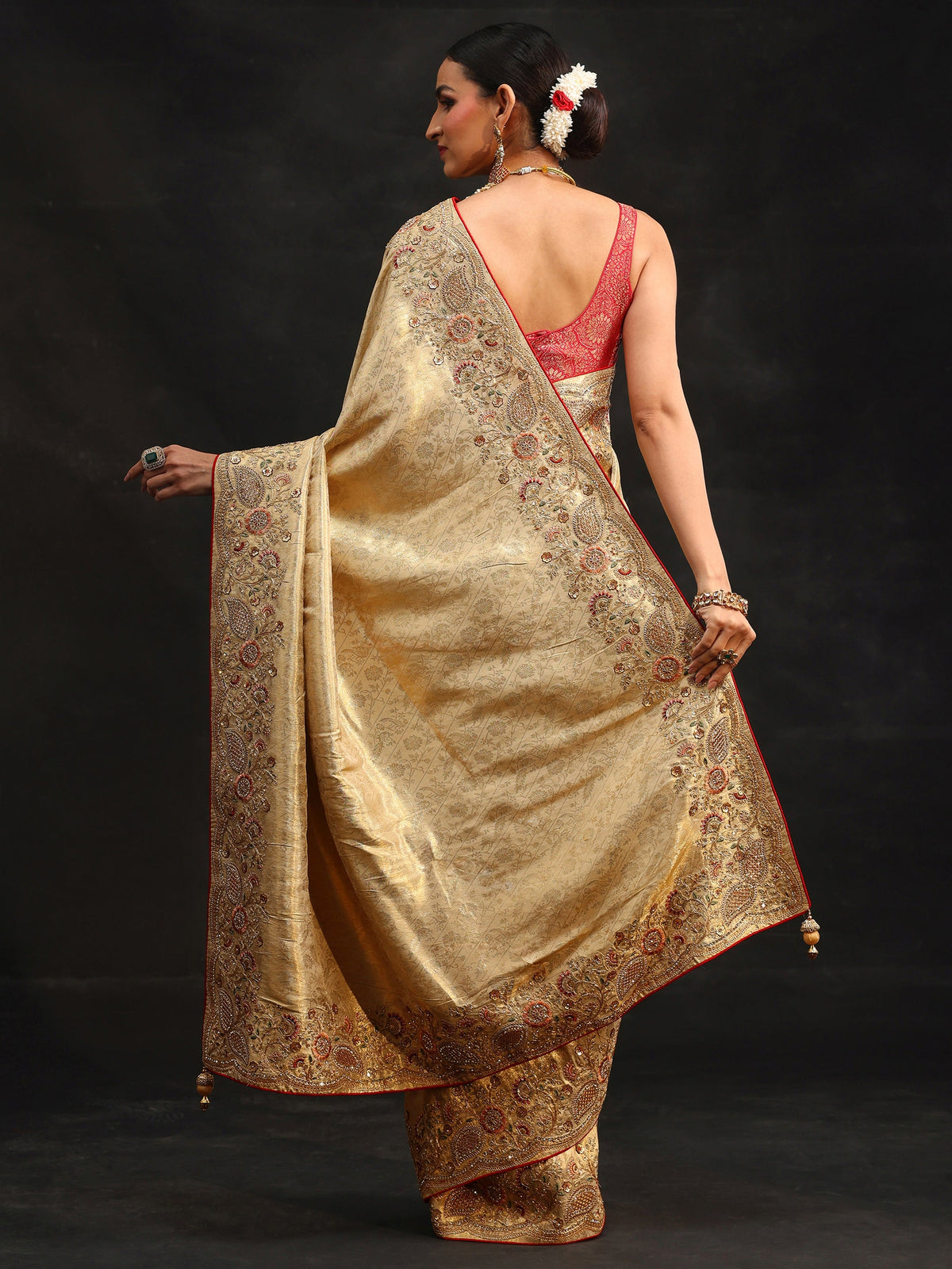 Anouk Gold Woven Design Satin Saree with Embellished Border