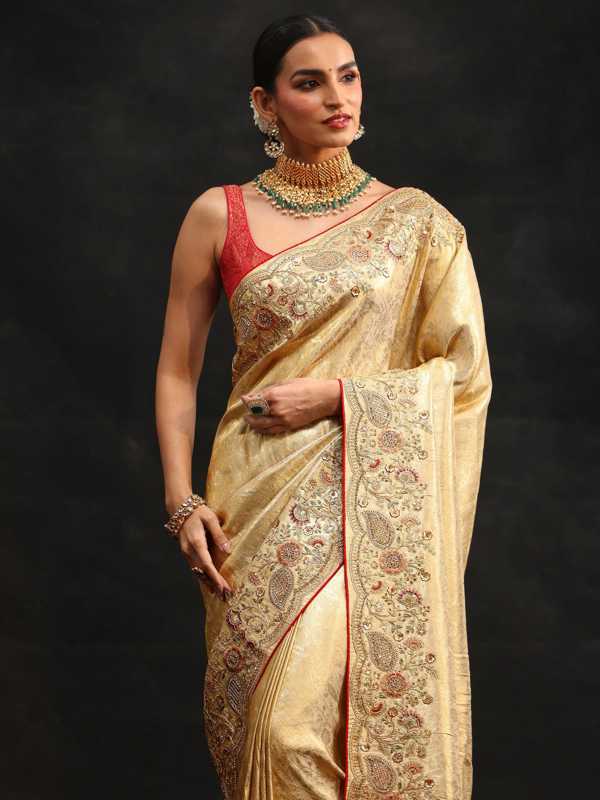 Anouk Gold Woven Design Satin Saree with Embellished Border