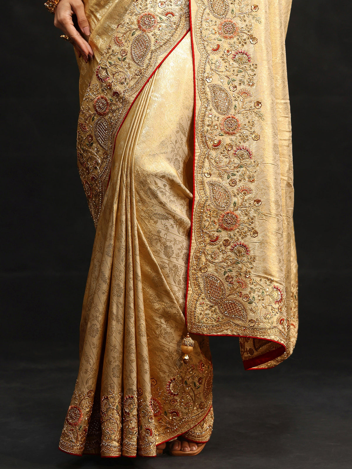 Anouk Gold Woven Design Satin Saree with Embellished Border