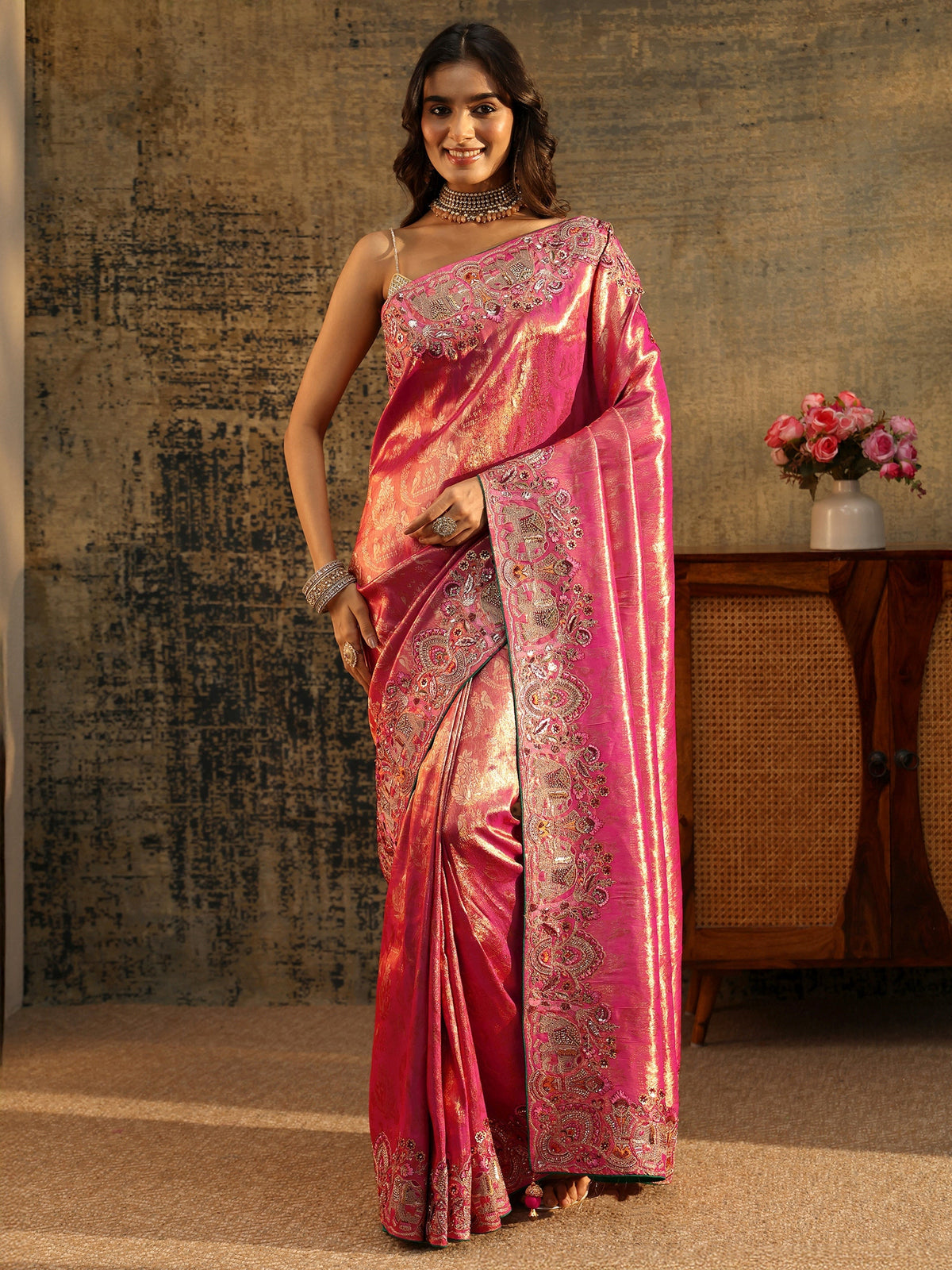 Anouk Art Rani Pink Floral Woven Saree with Embellished Saree