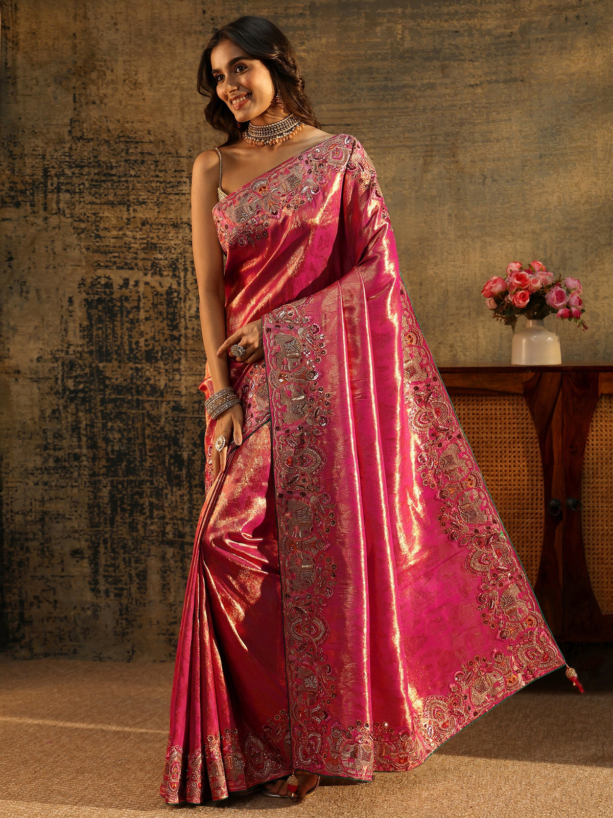 Anouk Art Rani Pink Floral Woven Saree with Embellished Saree