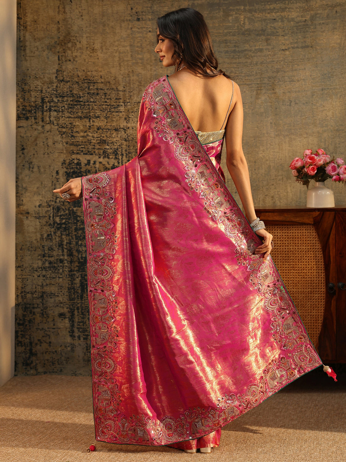 Anouk Art Rani Pink Floral Woven Saree with Embellished Saree