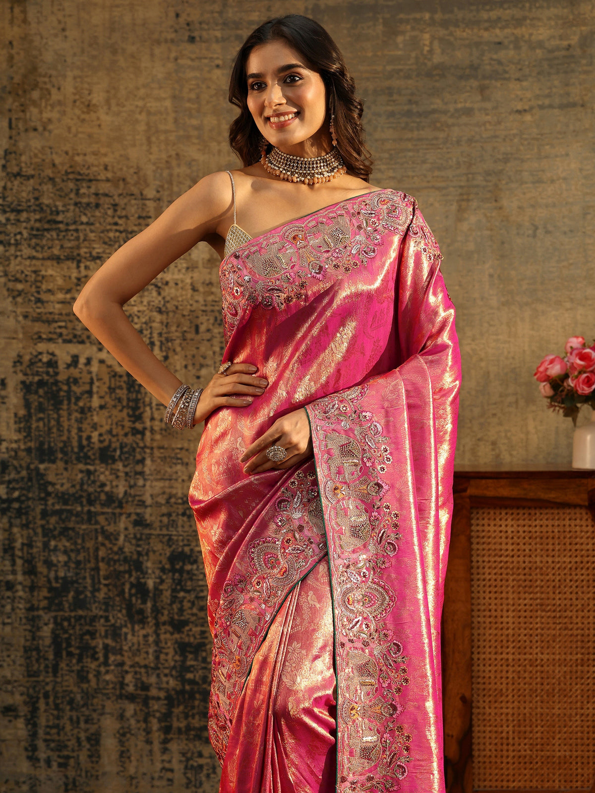 Anouk Art Rani Pink Floral Woven Saree with Embellished Saree