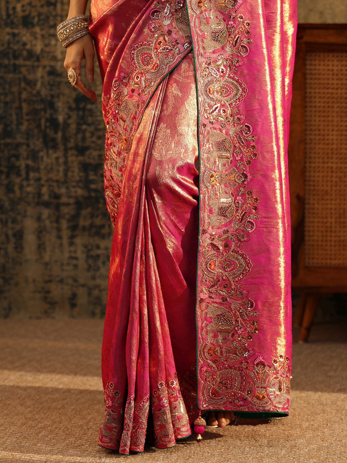 Anouk Art Rani Pink Floral Woven Saree with Embellished Saree