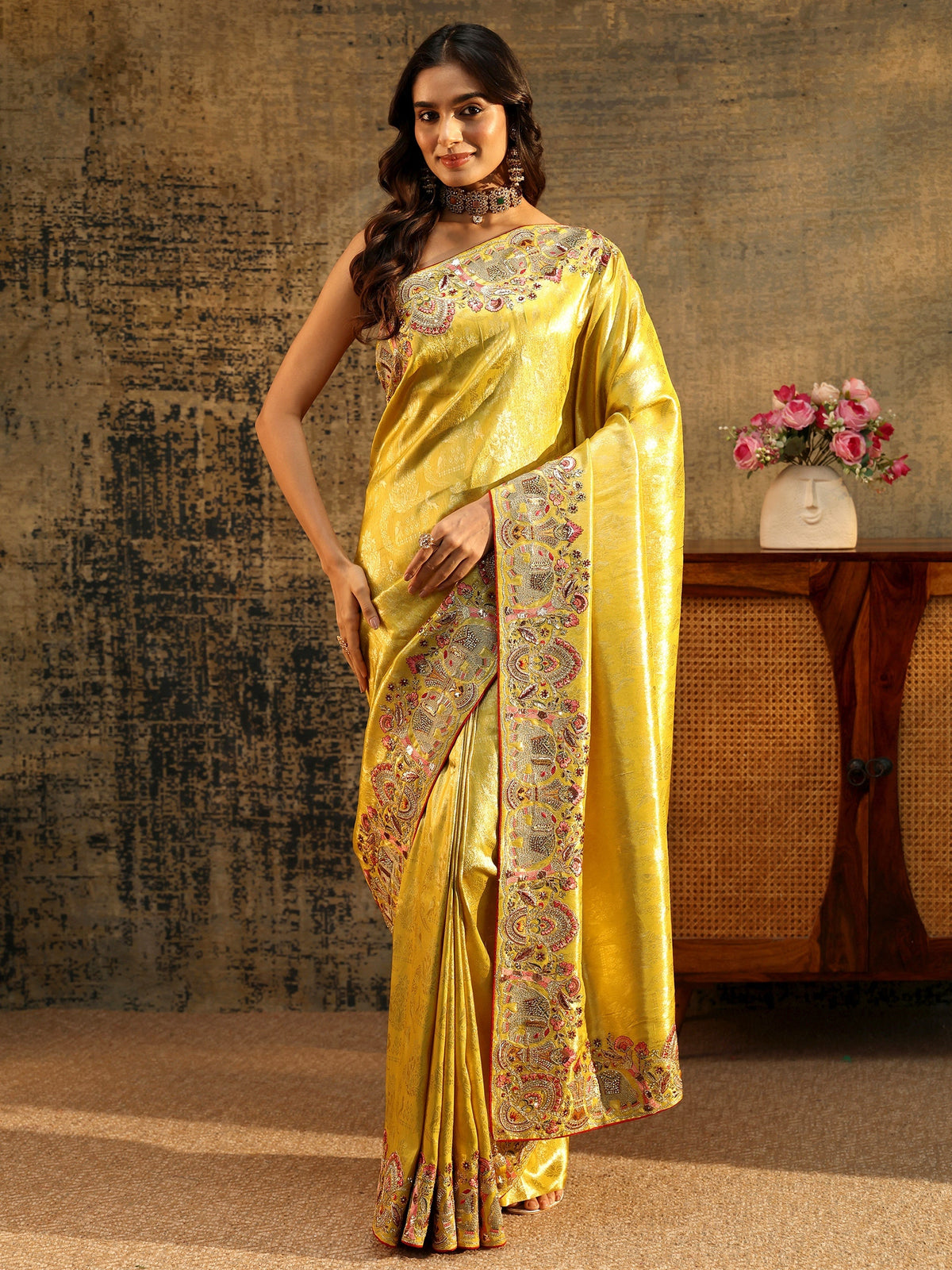 Anouk Art Mustard Floral Woven Saree with Embellished Saree