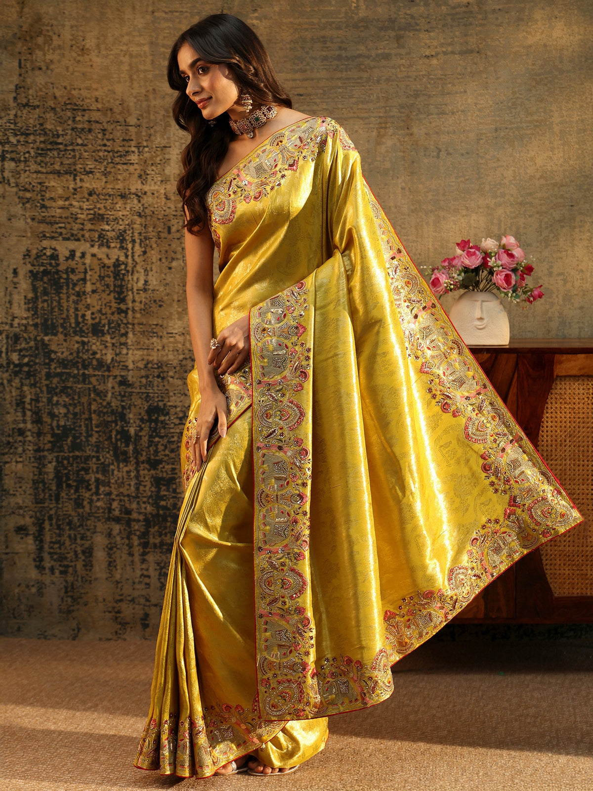 Anouk Art Mustard Floral Woven Saree with Embellished Saree