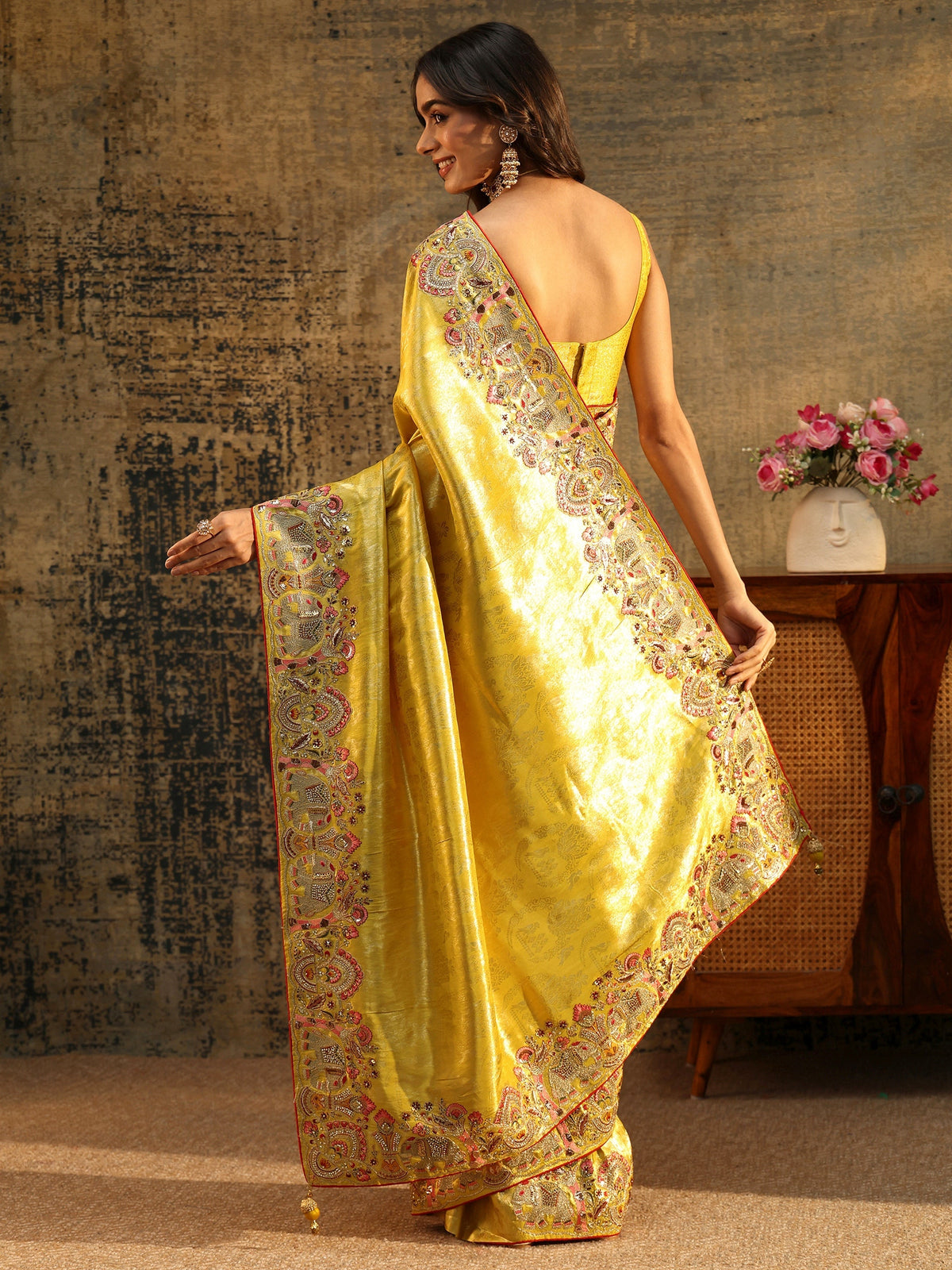 Anouk Art Mustard Floral Woven Saree with Embellished Saree