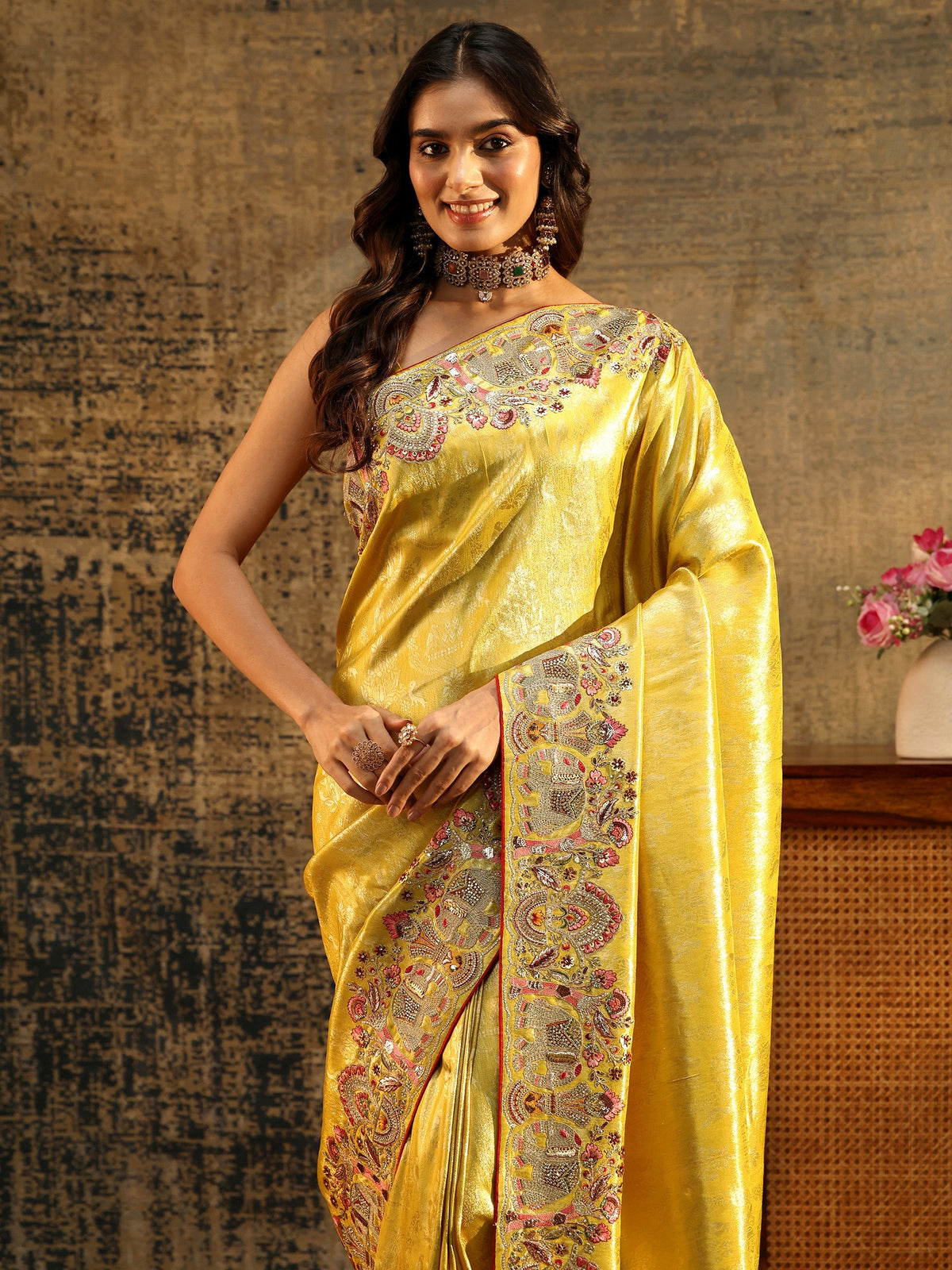 Anouk Art Mustard Floral Woven Saree with Embellished Saree