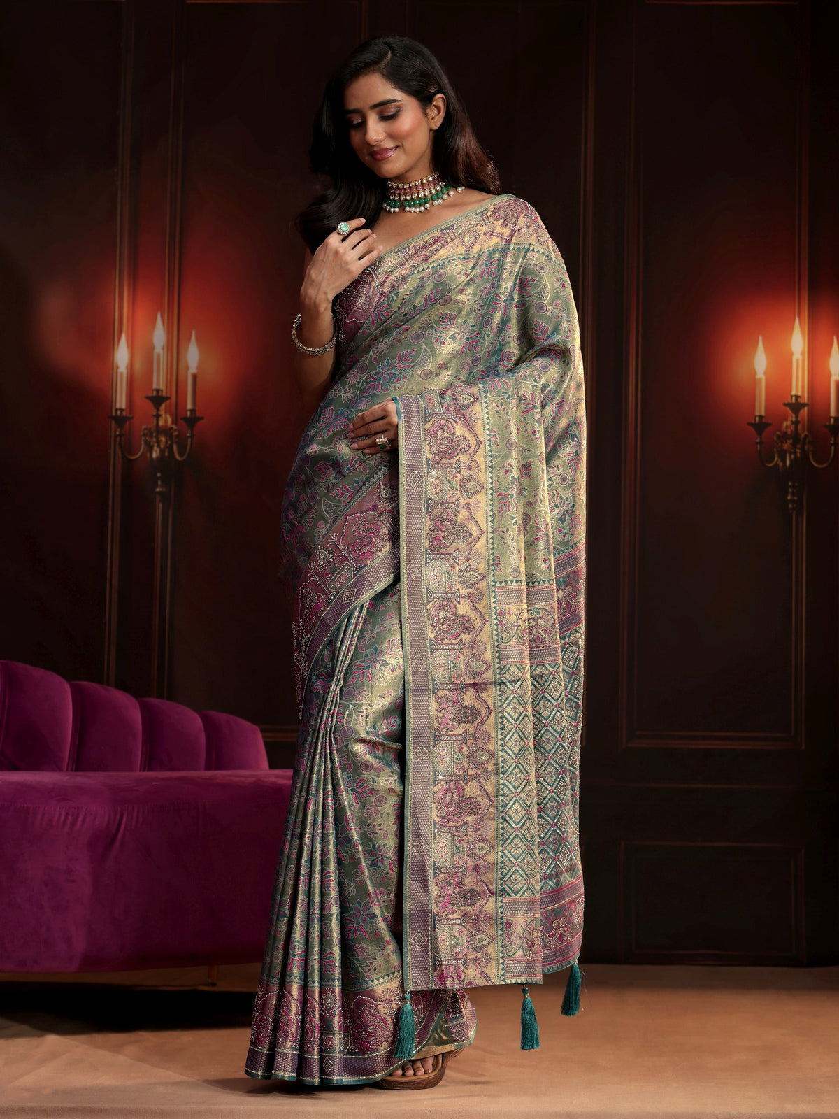 Anouk Art Deep Sage Green Floral Woven Design Silk Blend Saree