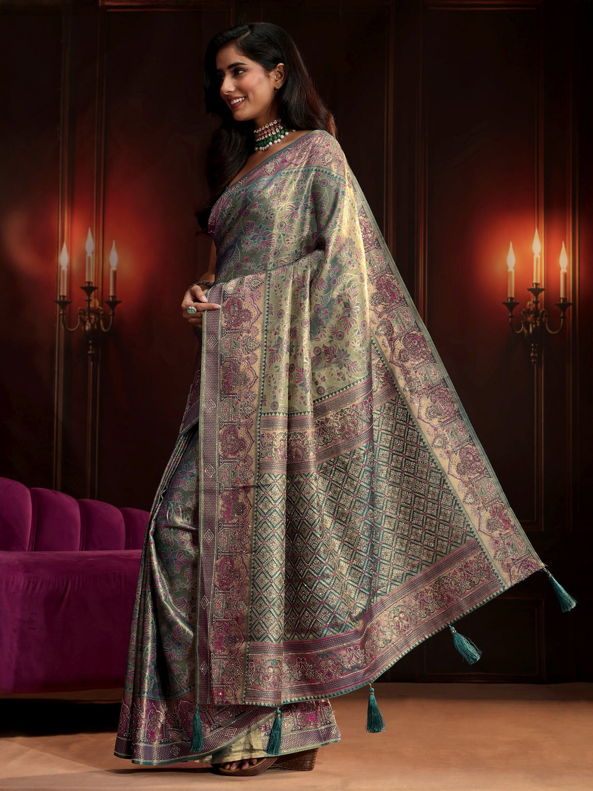 Anouk Art Deep Sage Green Floral Woven Design Silk Blend Saree