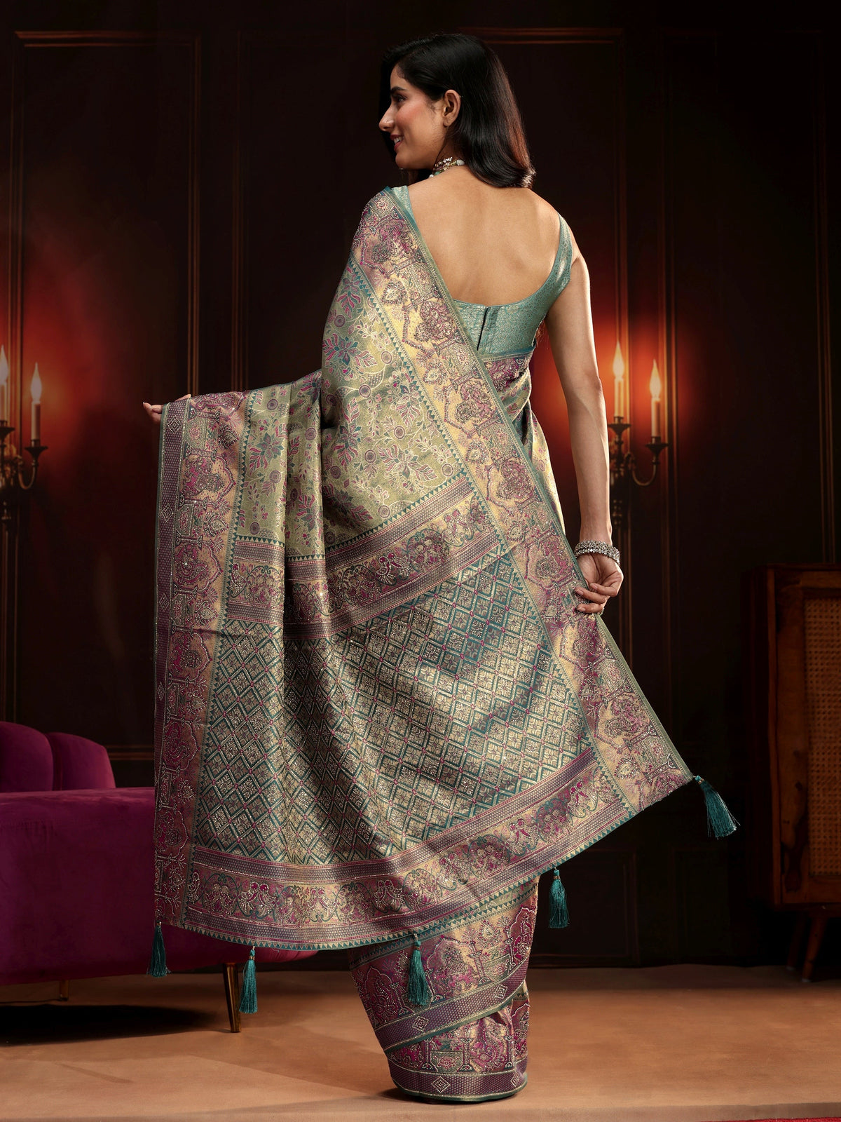 Anouk Art Deep Sage Green Floral Woven Design Silk Blend Saree
