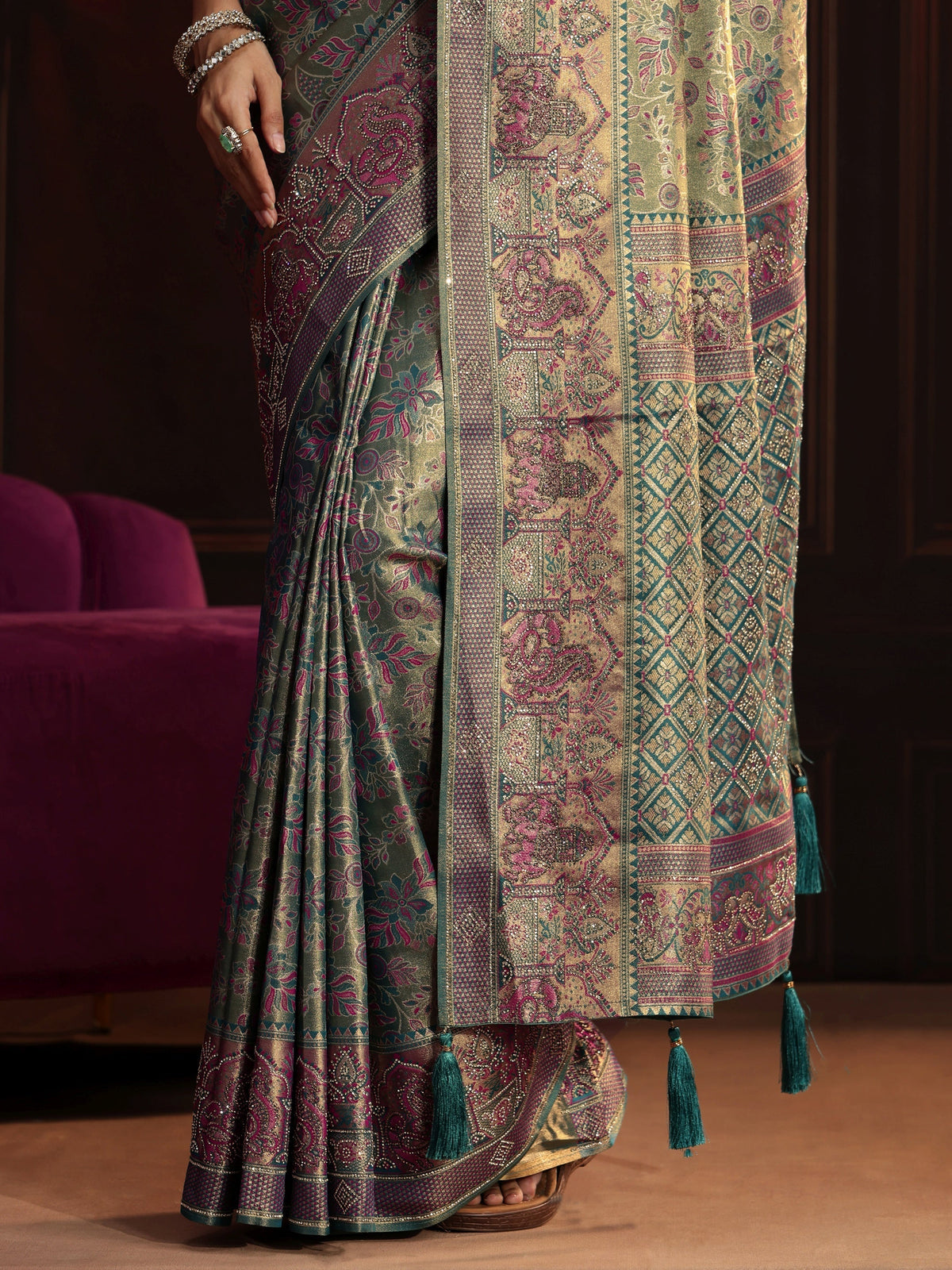 Anouk Art Deep Sage Green Floral Woven Design Silk Blend Saree