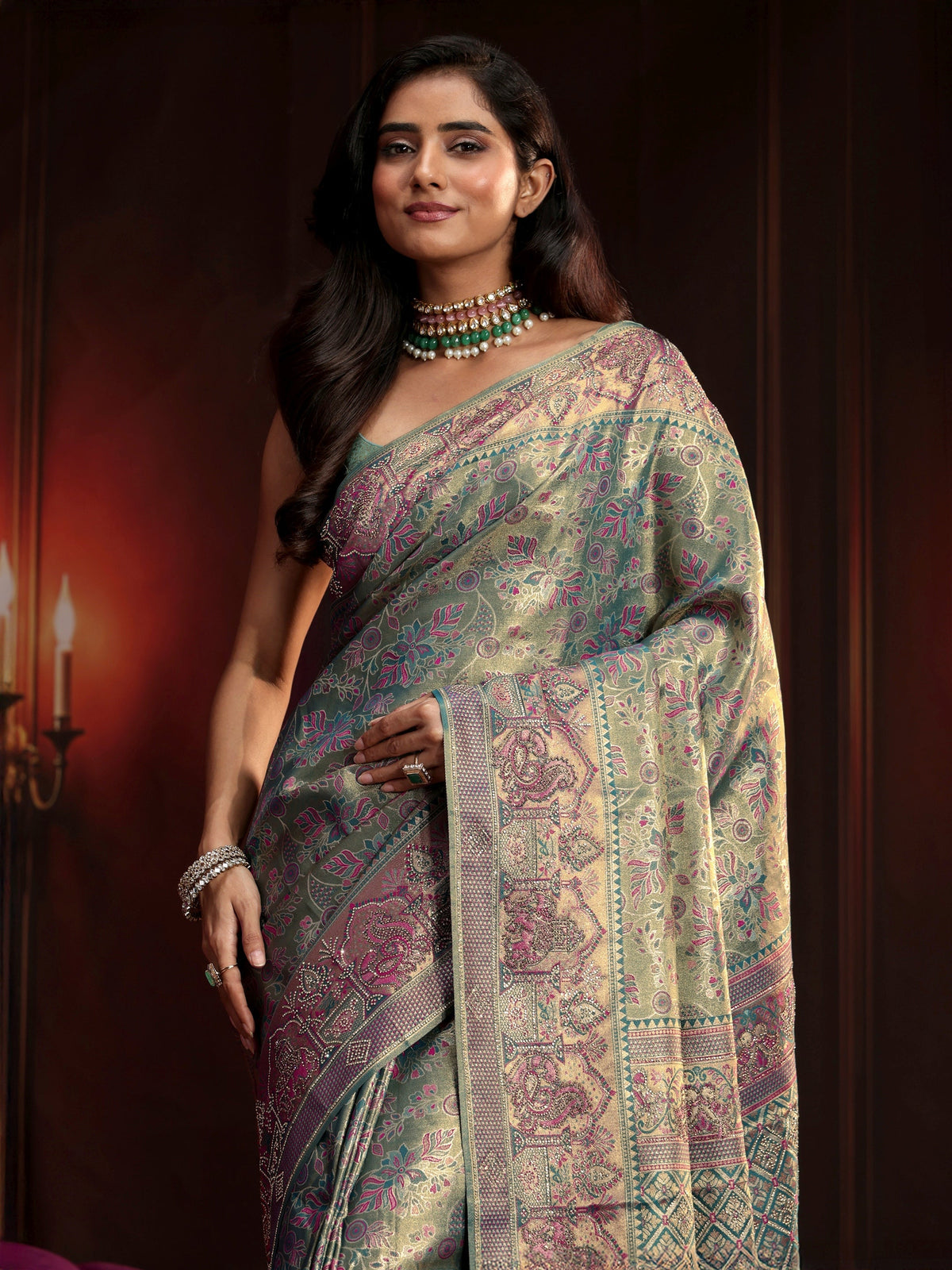 Anouk Art Deep Sage Green Floral Woven Design Silk Blend Saree