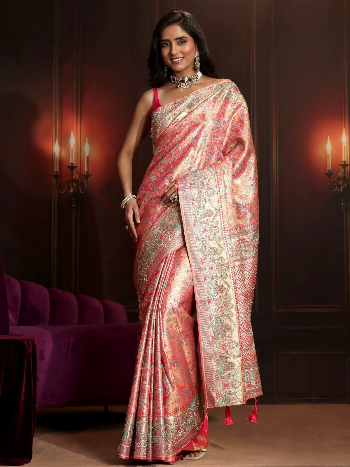 Anouk Art Peach Pink Floral Woven Design Silk Blend Saree