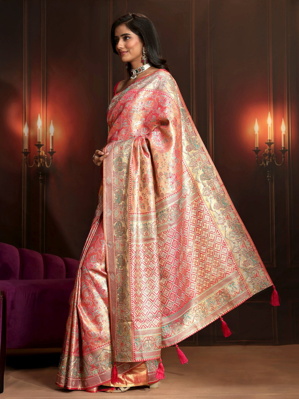 Anouk Art Peach Pink Floral Woven Design Silk Blend Saree