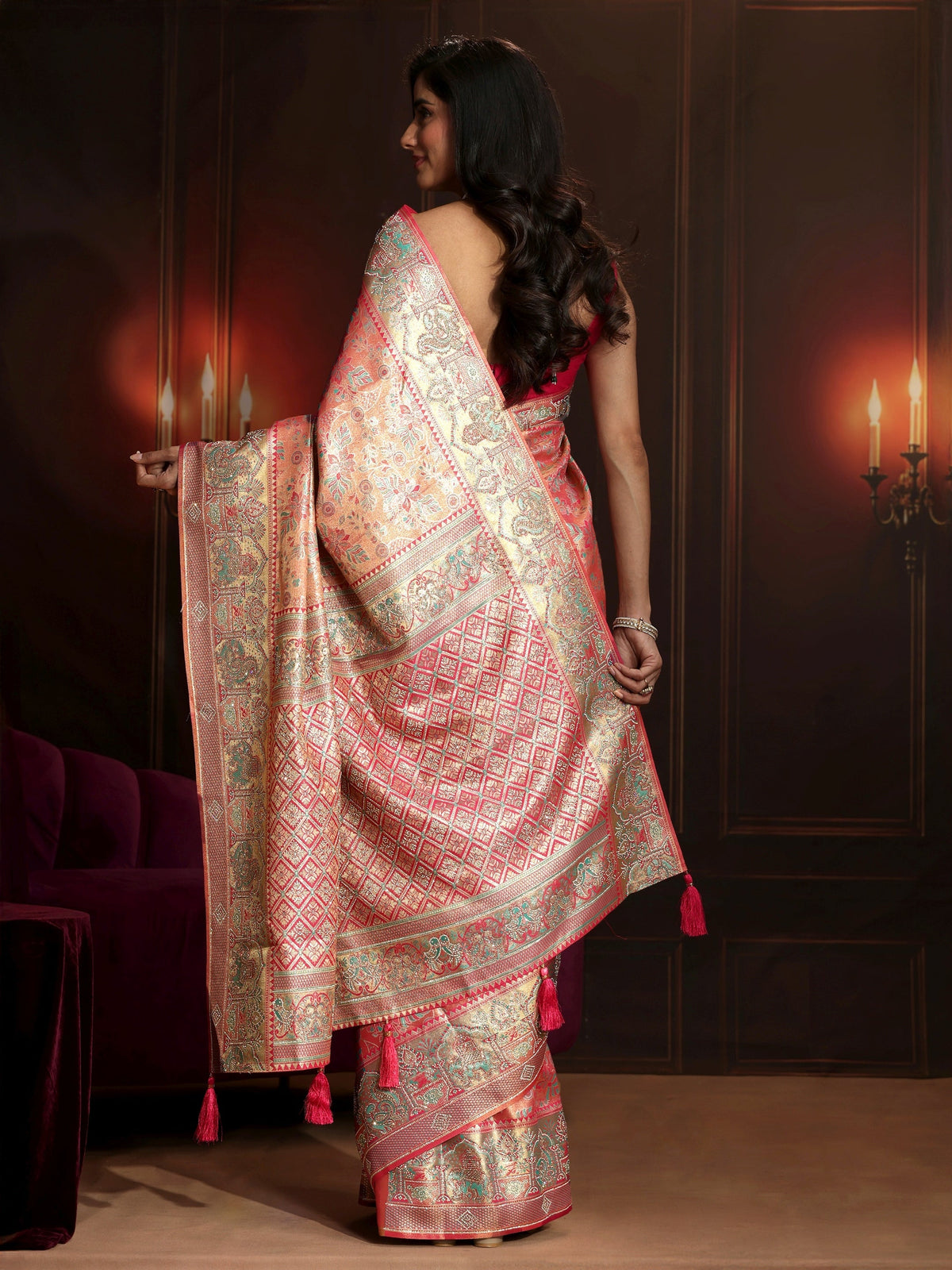 Anouk Art Peach Pink Floral Woven Design Silk Blend Saree