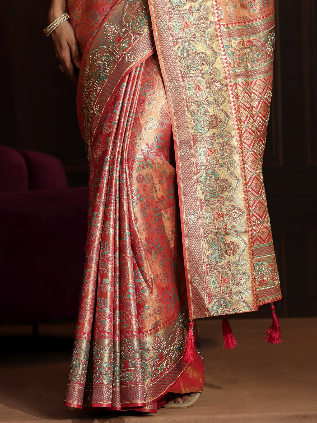 Anouk Art Peach Pink Floral Woven Design Silk Blend Saree