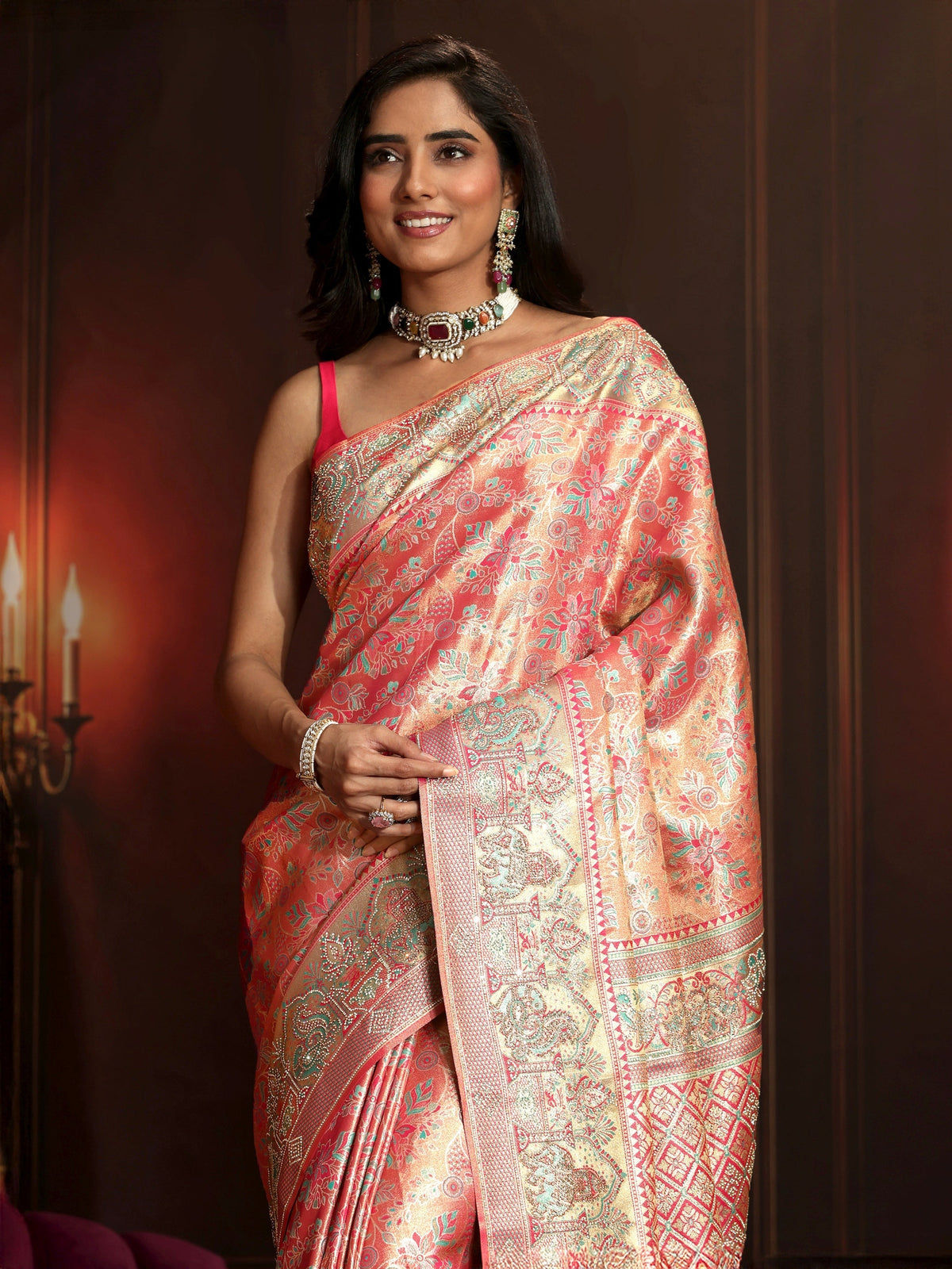 Anouk Art Peach Pink Floral Woven Design Silk Blend Saree