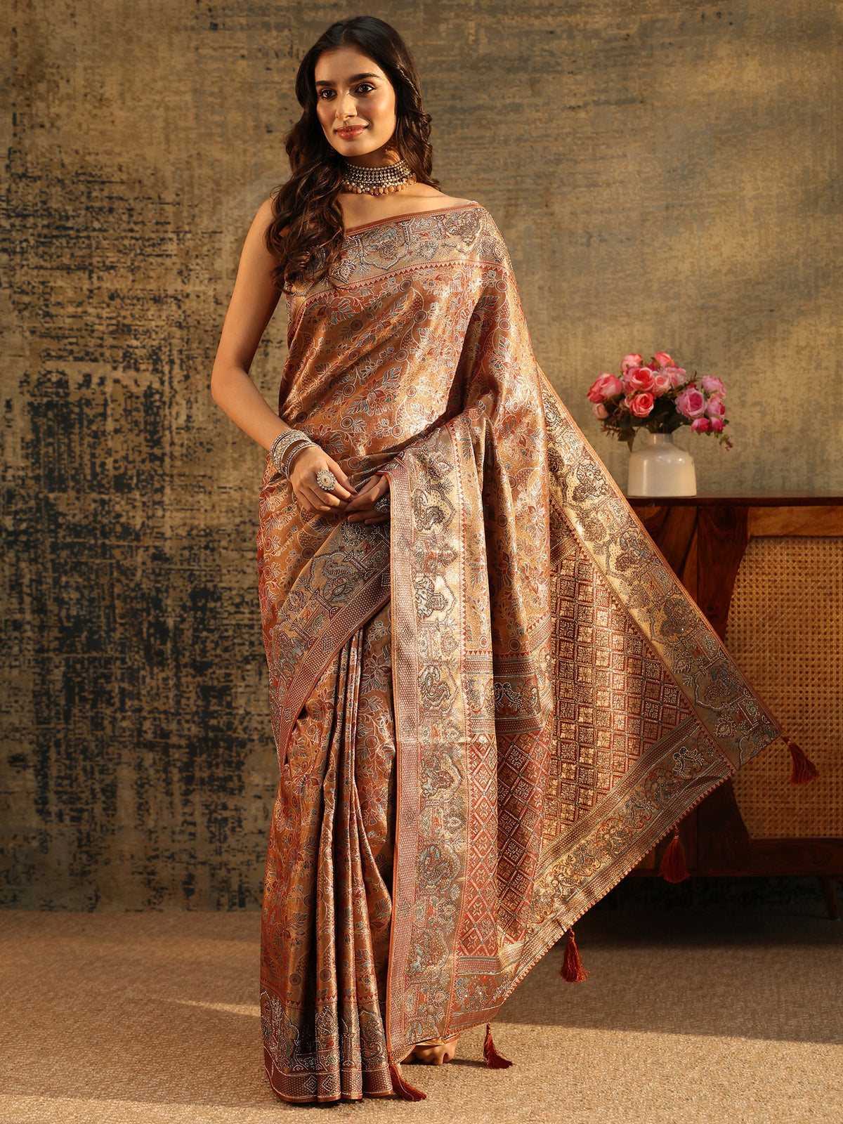 Anouk Art Brown Jamawar Woven Silk Blend Saree