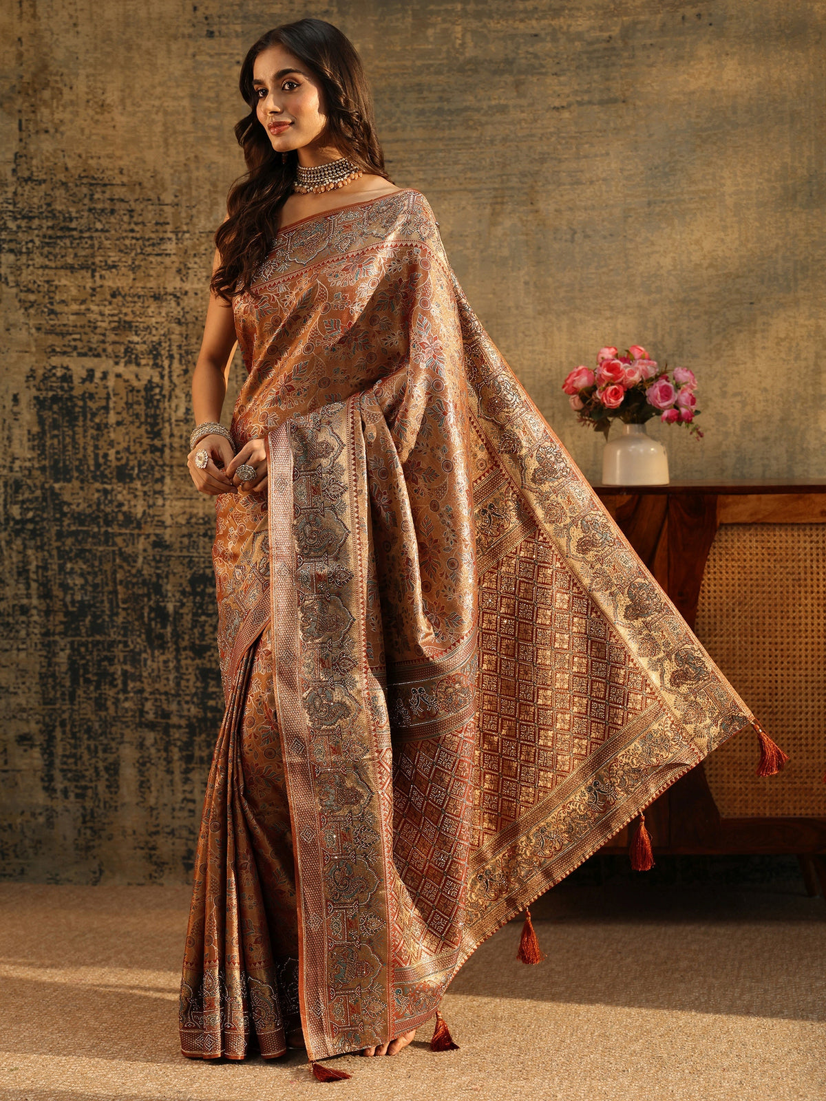 Anouk Art Brown Jamawar Woven Silk Blend Saree