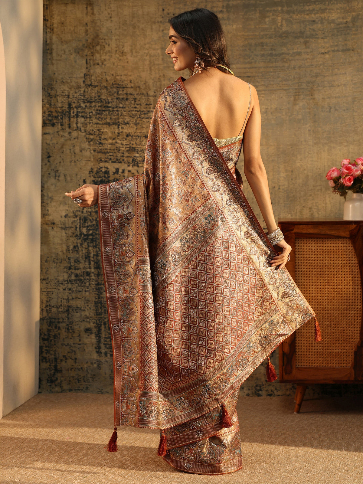 Anouk Art Brown Jamawar Woven Silk Blend Saree
