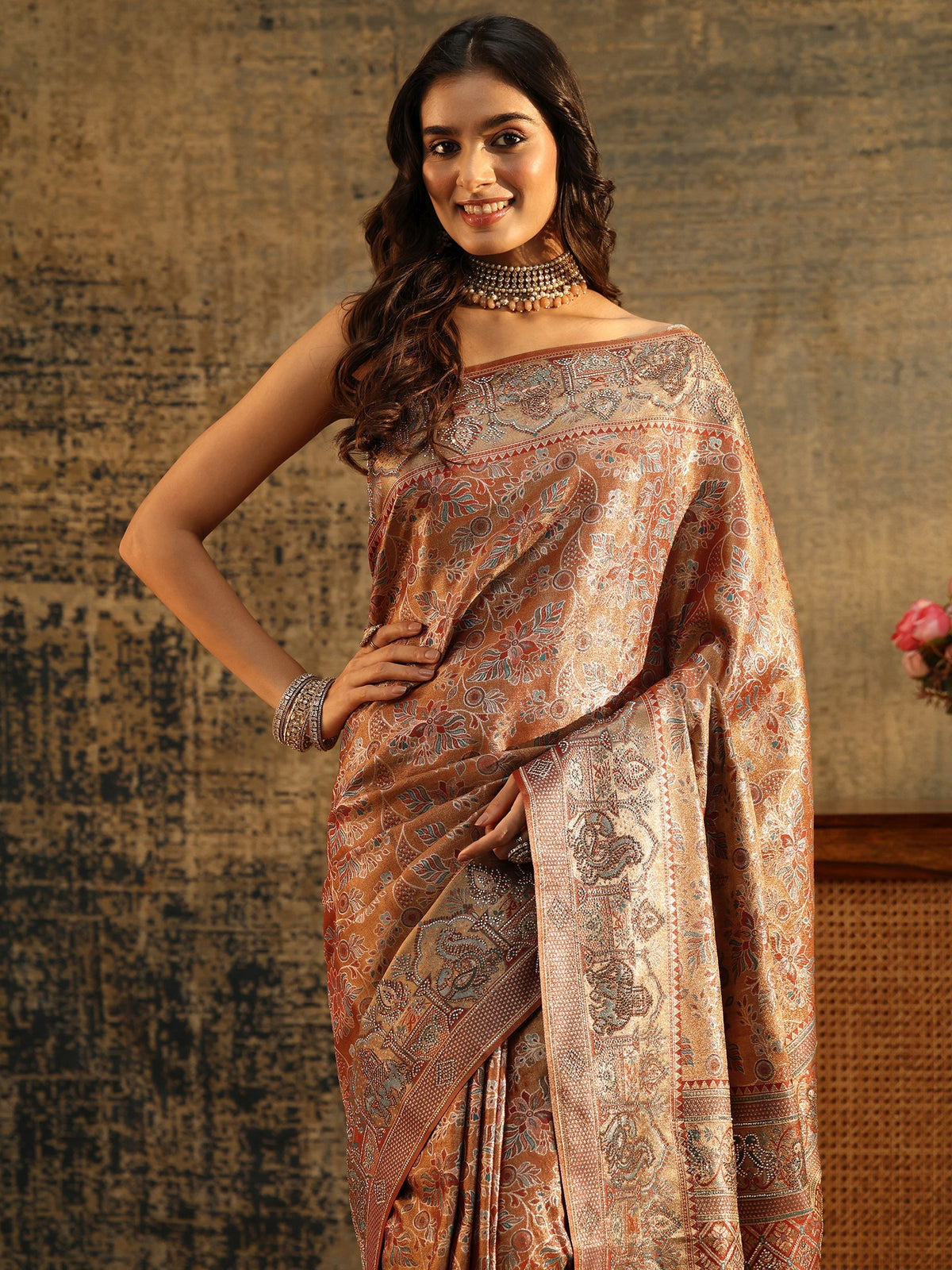Anouk Art Brown Jamawar Woven Silk Blend Saree