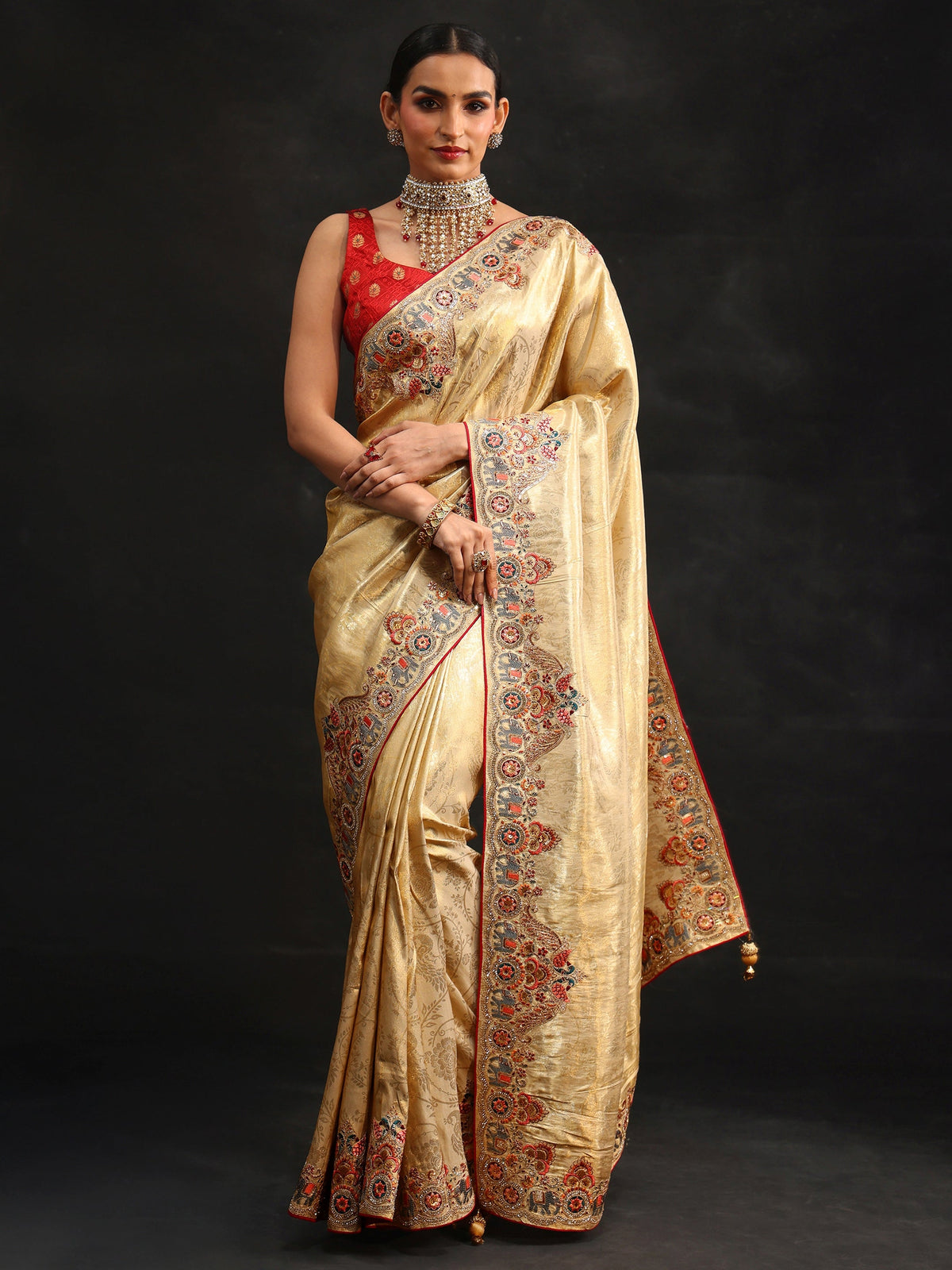 Anouk Art Gold Silk Blend Saree with Embroidered Border