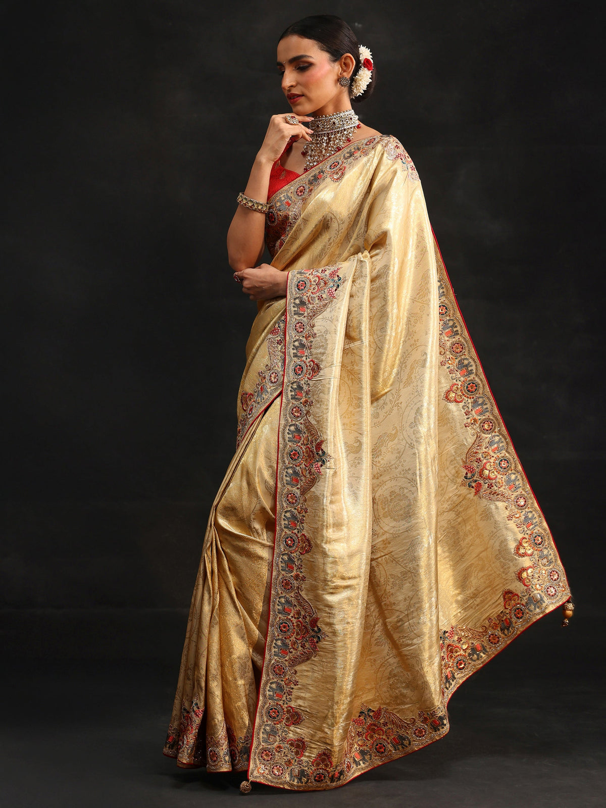 Anouk Art Gold Silk Blend Saree with Embroidered Border